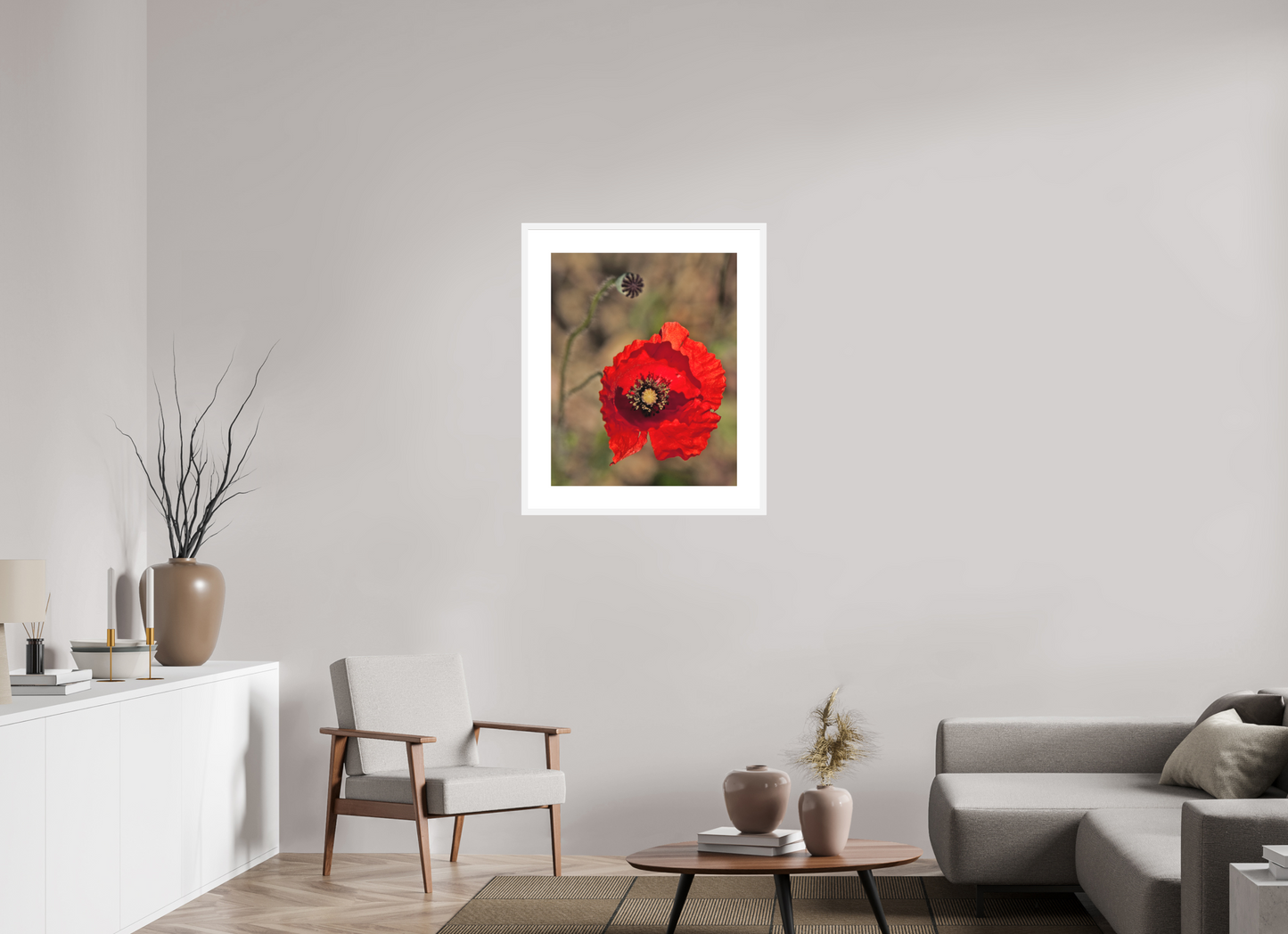 24 x 30″, Solid 0.8" White Wood Frame With 3" Natural White Passe-Partout with Museum Glass Poppy