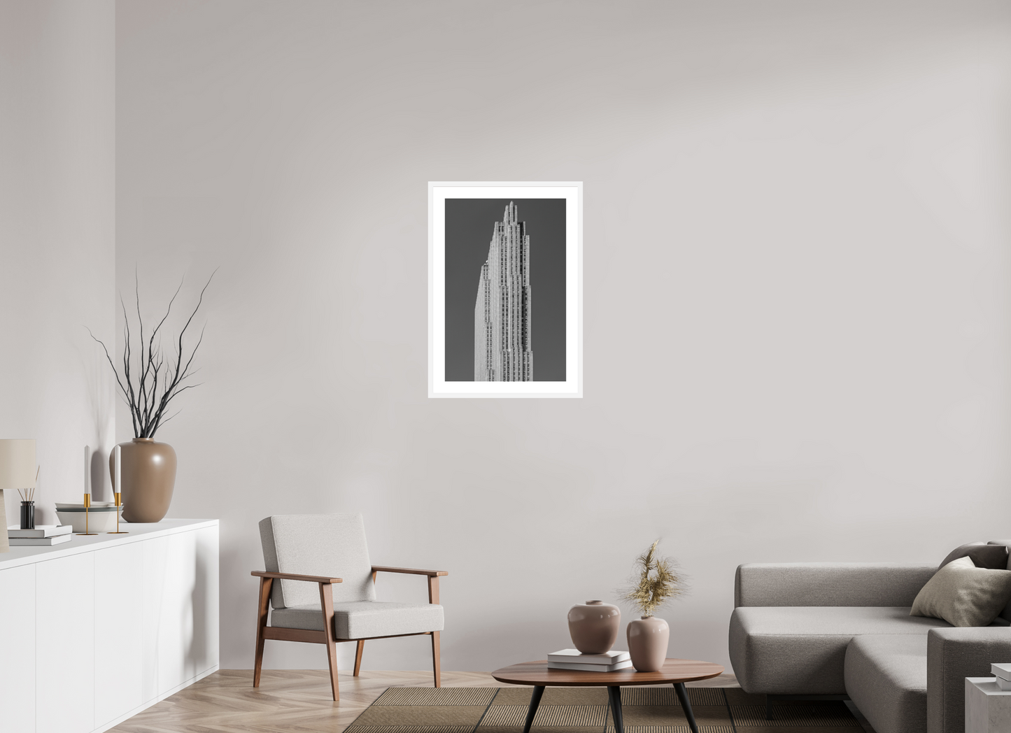 20 x 30″, Solid 0.8" White Wood Frame With 2" Natural White Passe-Partout with Museum Glass Rockefeller Center