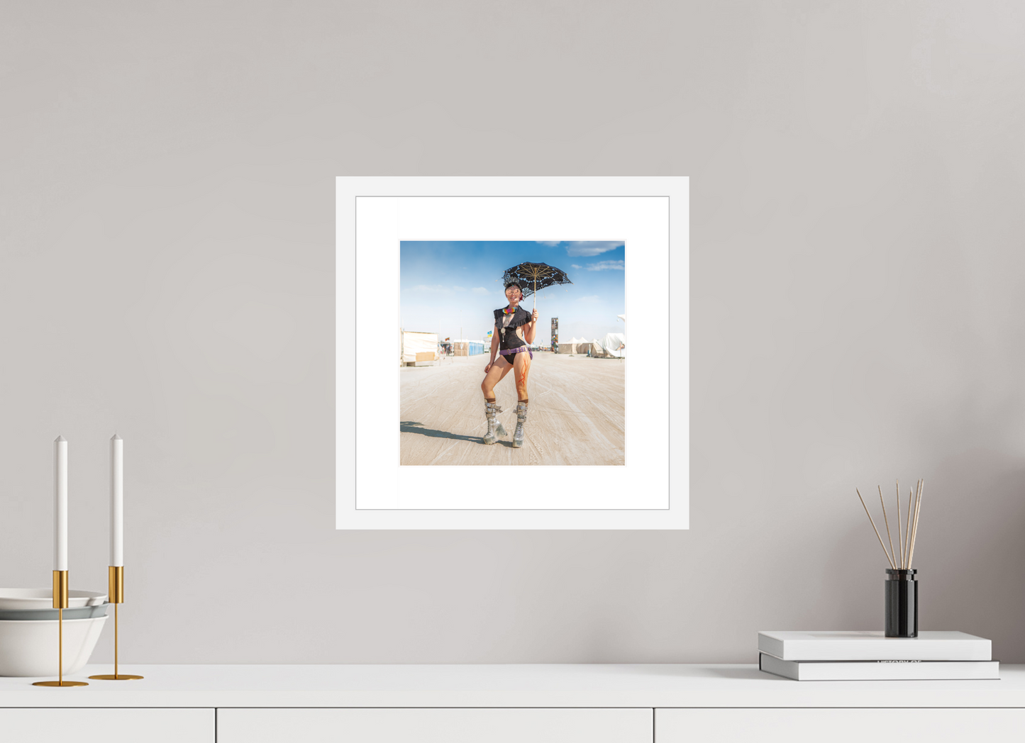 10 x 10″, Solid 0.8" White Wood Frame With 2" Natural White Passe-Partout with Museum Glass Burning Man - Attendee with Parasol