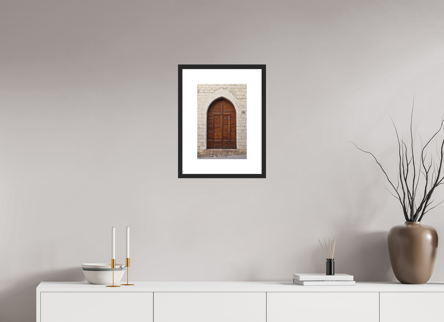 10 x 15″, Solid 0.8" Black Wood Frame With 3" Natural White Passe-Partout with Museum Glass Umbrian Door