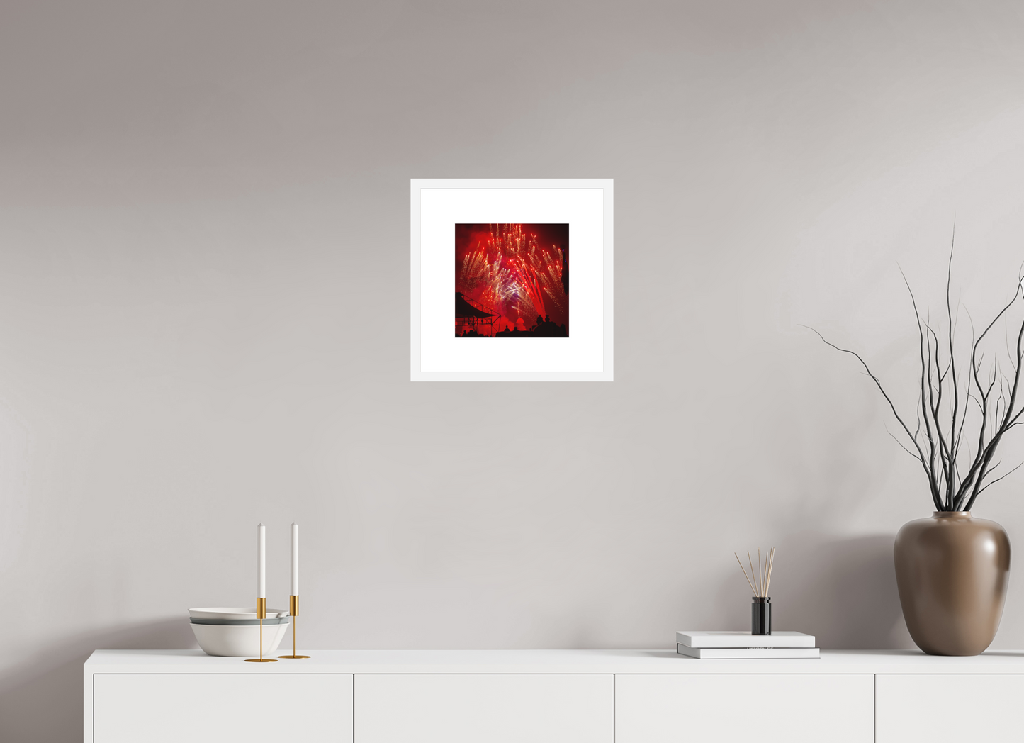 10 x 10″, Solid 0.8" White Wood Frame With 3" Natural White Passe-Partout with Museum Glass Burning Man - Red Fireworks (square format)