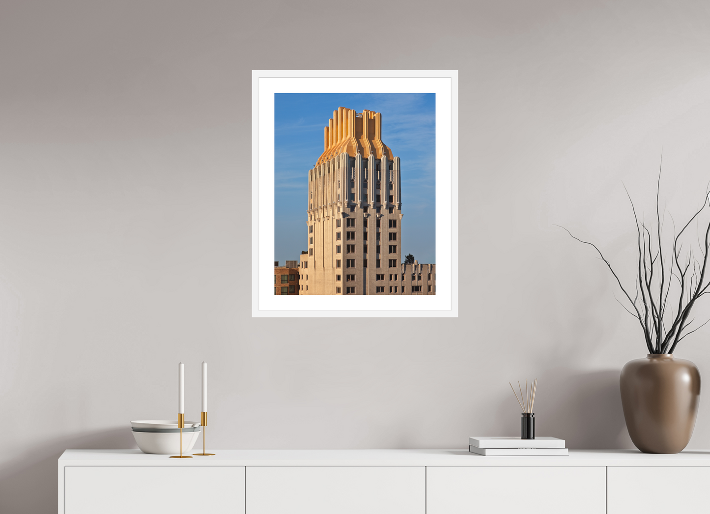 20 x 25″, Solid 0.8" White Wood Frame With 2" Natural White Passe-Partout with Museum Glass Barbizon Plaza Hotel