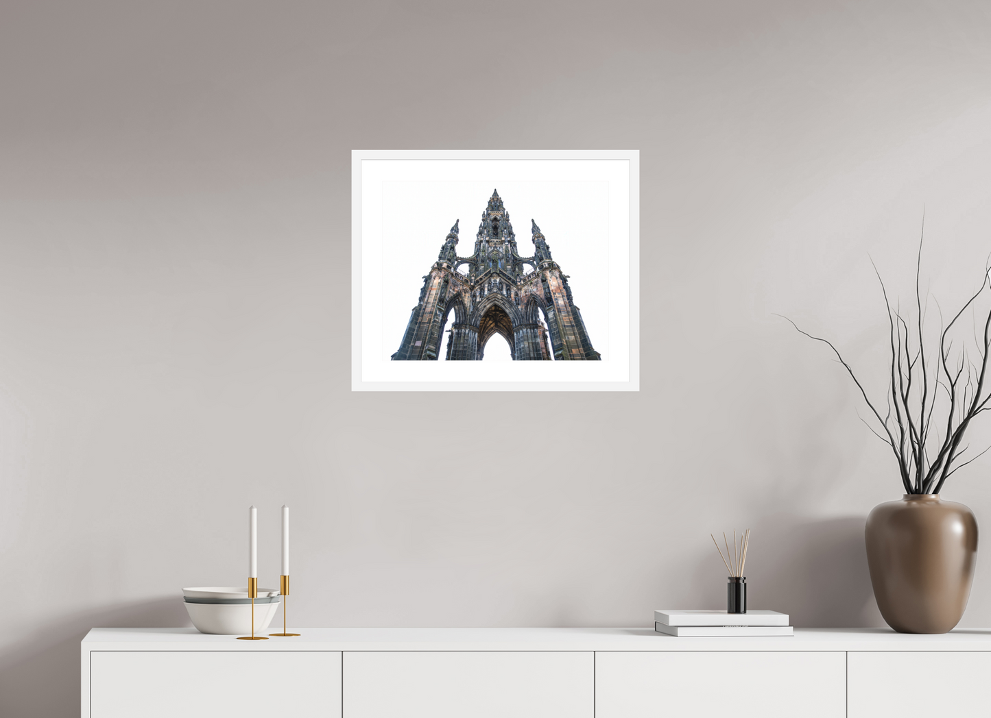 20 x 16″, Solid 0.8" White Wood Frame With 2" Natural White Passe-Partout with Museum Glass The Scott Monument