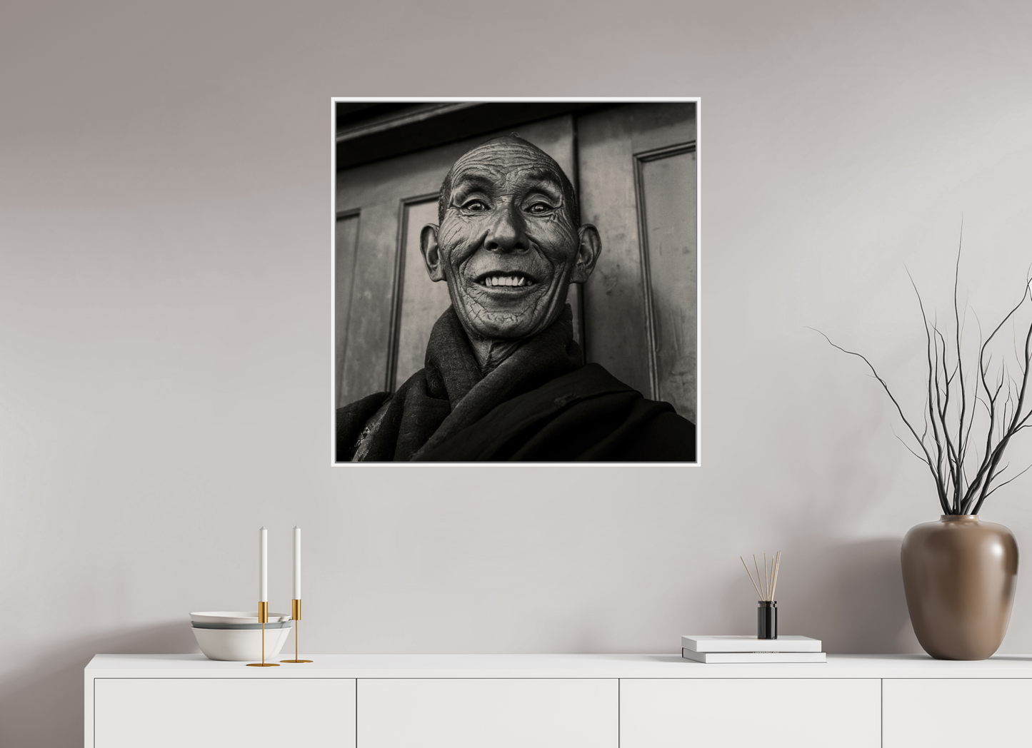 30 x 30″, White Matte Frame, No Border Reincarnated Tibetan Monk