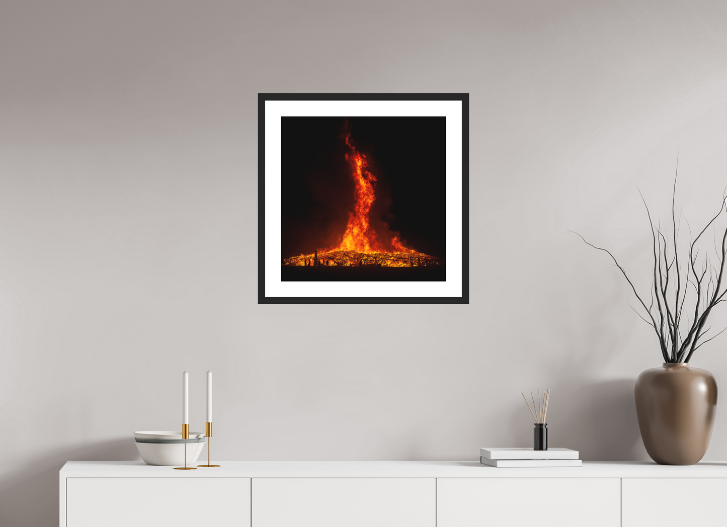 20 x 20″, Solid 0.8" Black Wood Frame With 2" Natural White Passe-Partout with Museum Glass Burning Man - Temple Burn 2