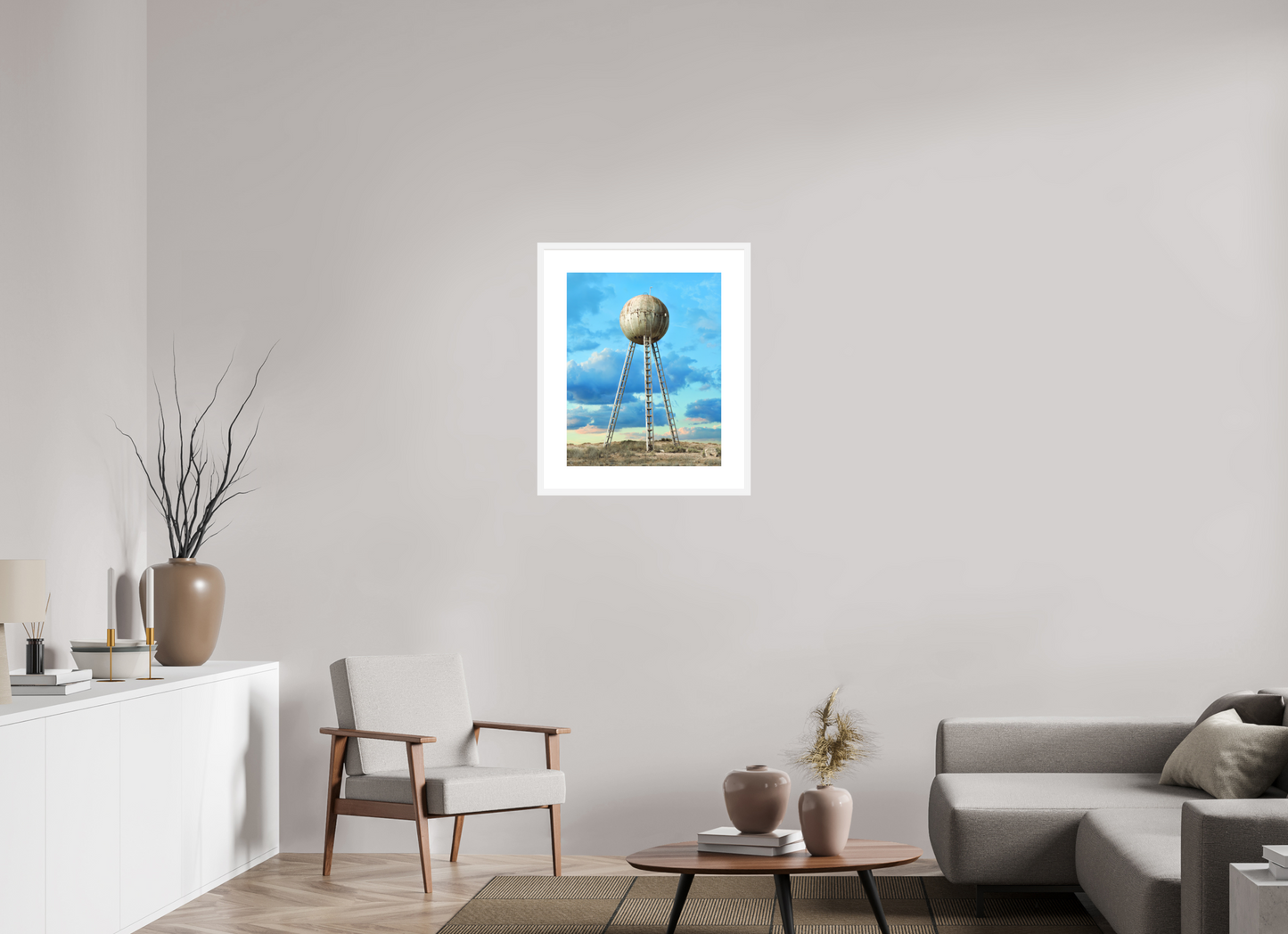 20 x 25″, Solid 0.8" White Wood Frame With 3" Natural White Passe-Partout with Museum Glass Spherical Water Tower - Mexico