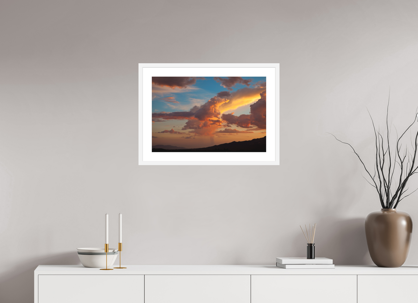 24 x 16″, Solid 0.8" White Wood Frame With 2" Natural White Passe-Partout with Museum Glass Sunset Clouds and Mountains