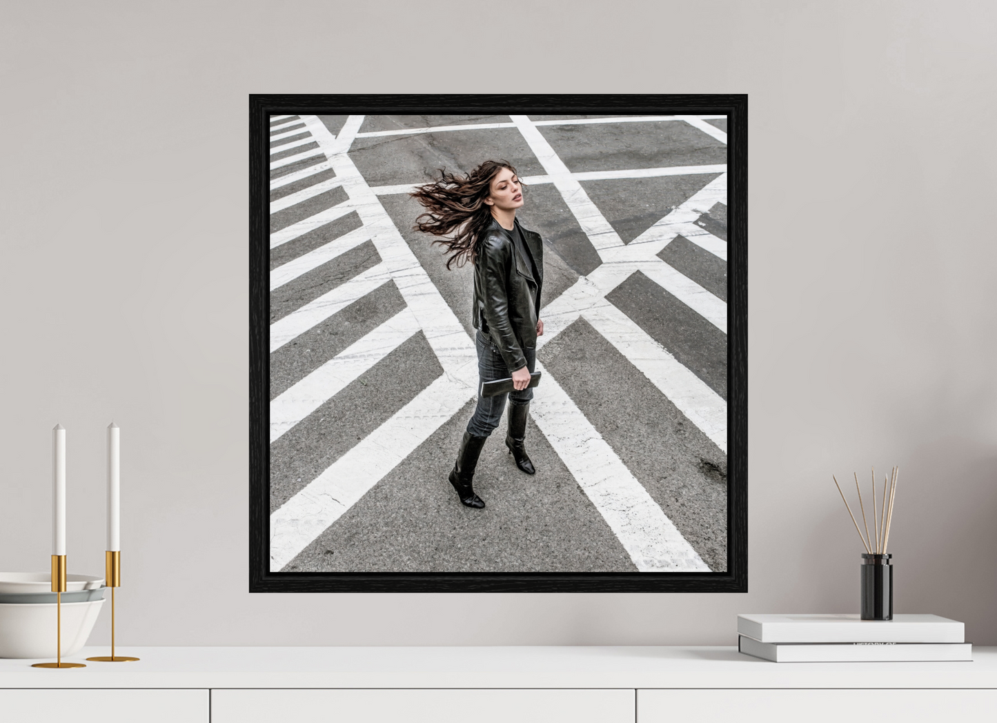 20 x 20″, Floater Frame Woman at Crosswalk