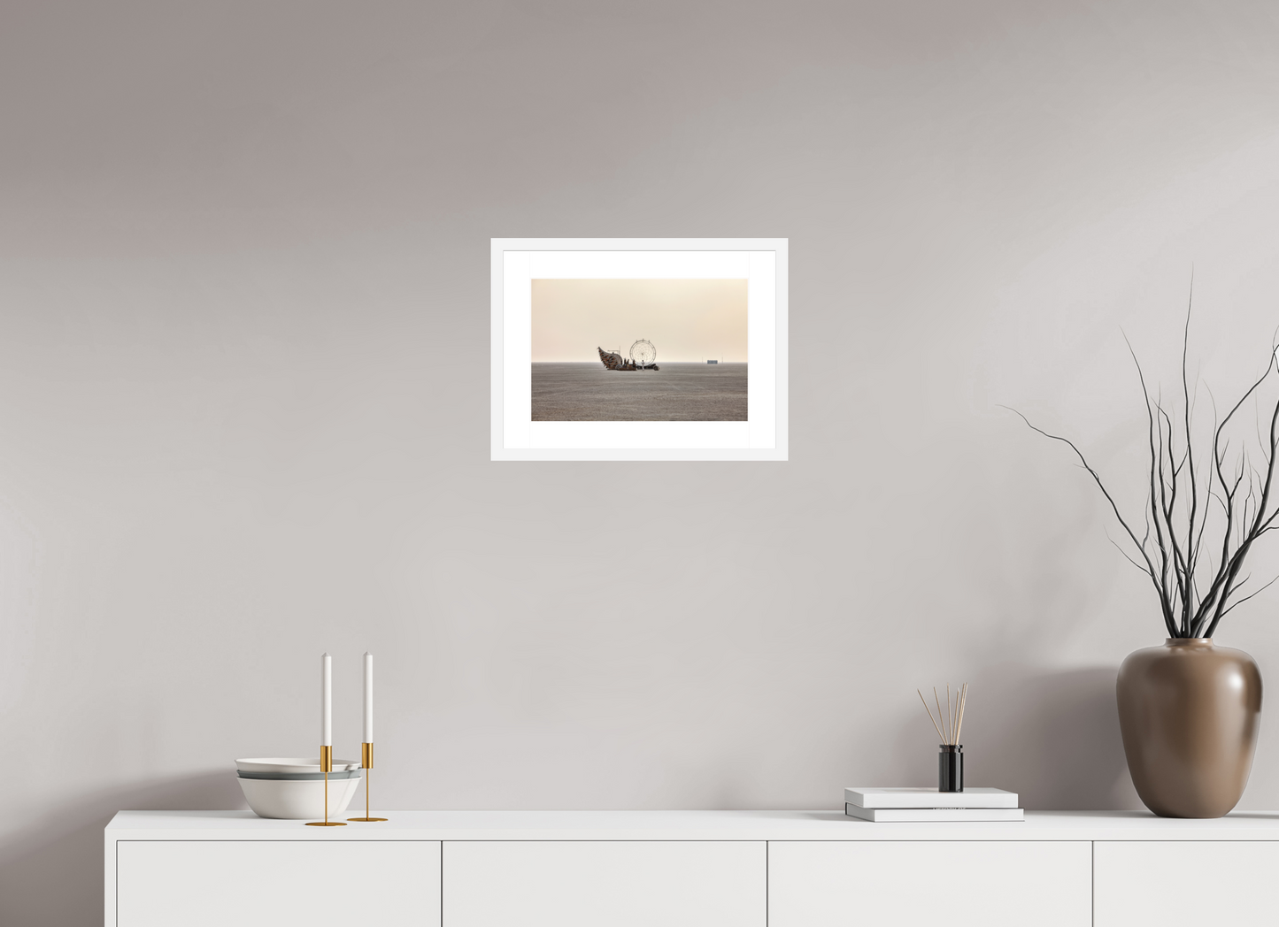 15 x 10″, Solid 0.8" White Wood Frame With 2" Natural White Passe-Partout with Museum Glass Burning Man