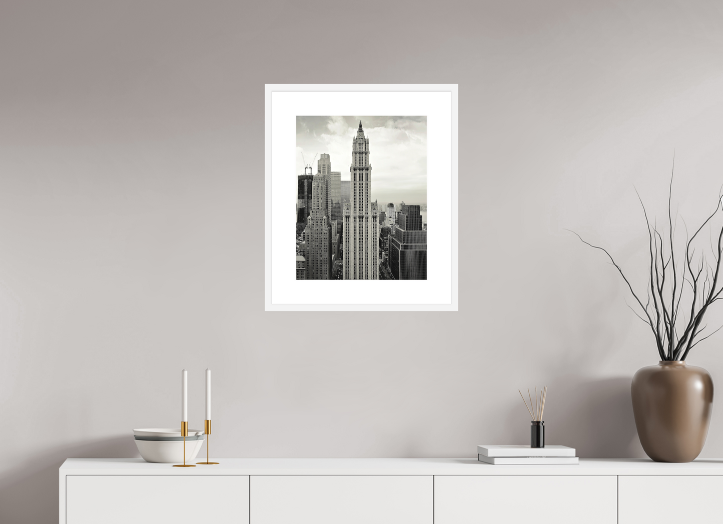 16 x 20″, Solid 0.8" White Wood Frame With 3" Natural White Passe-Partout with Museum Glass The Woolworth Building