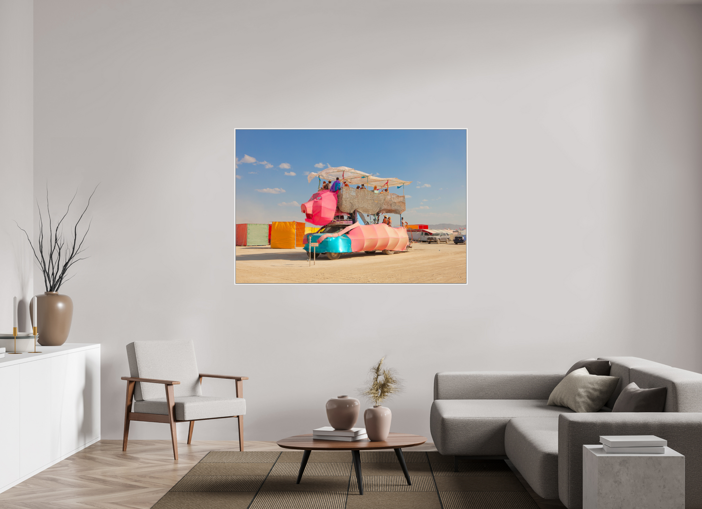 66 x 44″, White Matte Frame, No Border Burning Man - Art Car Ponco