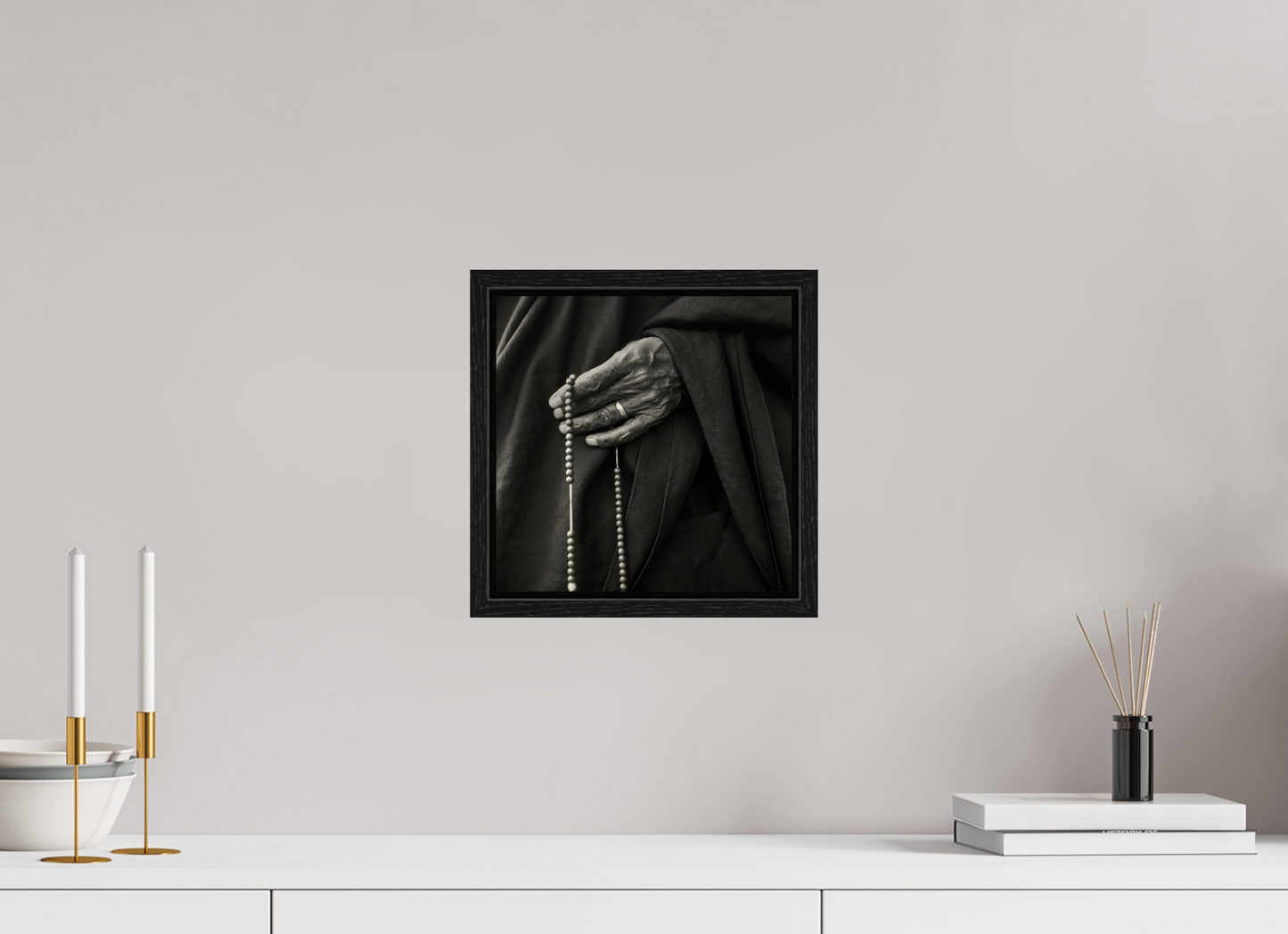 10 x 10″, Floater Frame Tibetan Monk Hand with Prayer Beads