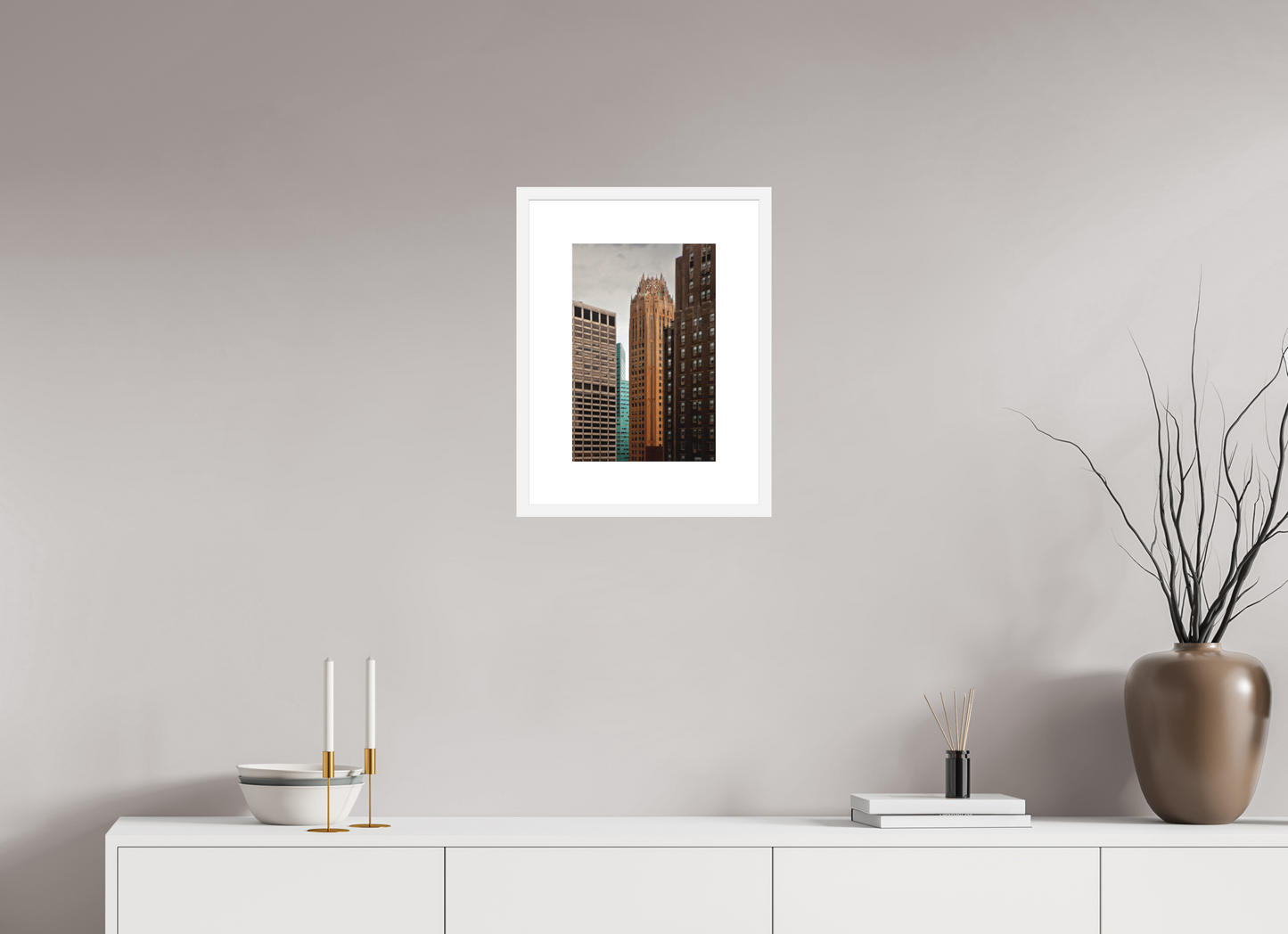 10 x 15″, Solid 0.8" White Wood Frame With 3" Natural White Passe-Partout with Museum Glass General Electric Building