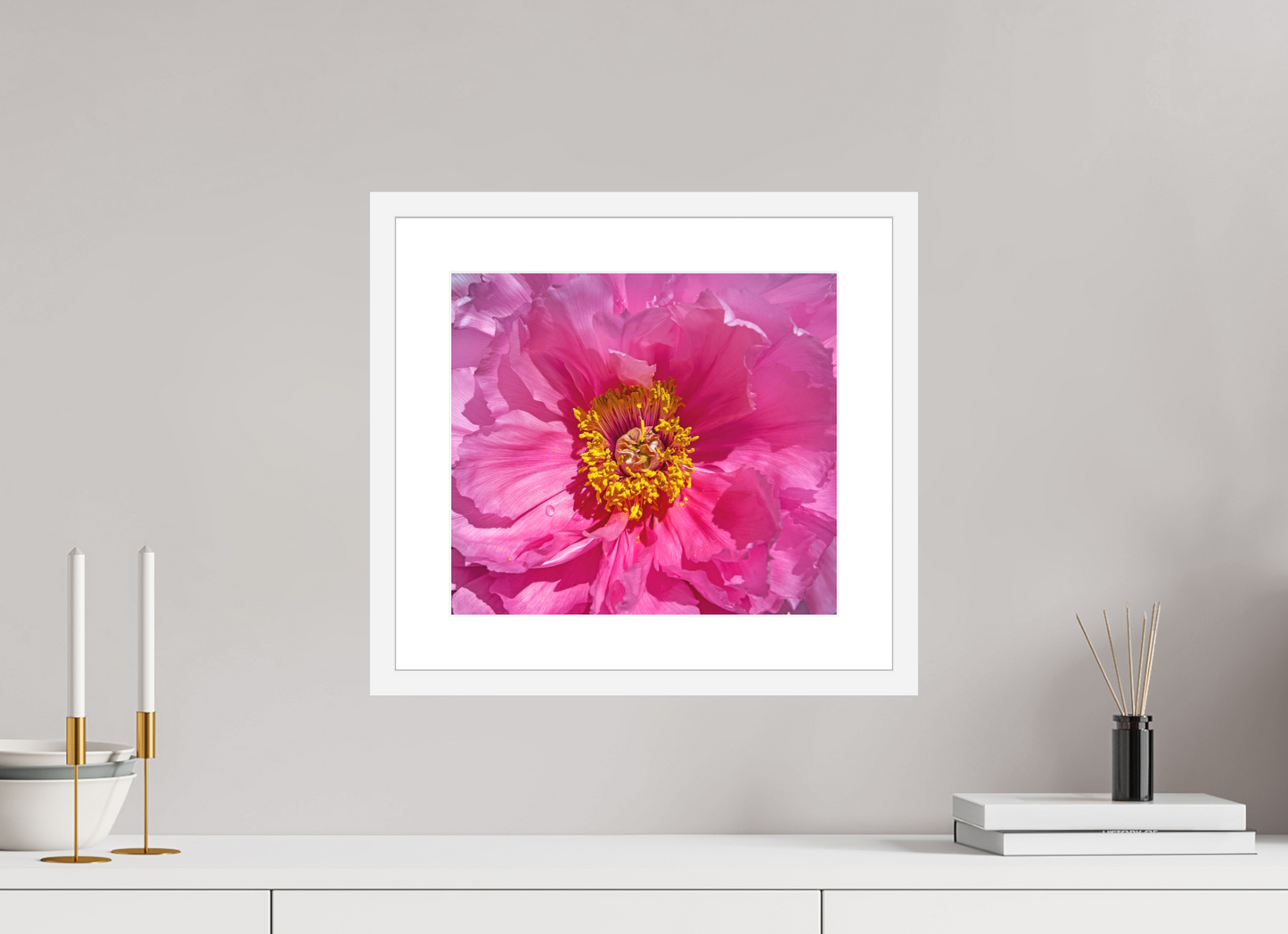 13.5 x 12″, Solid 0.8" White Wood Frame With 2" Natural White Passe-Partout with Museum Glass Pink Flower