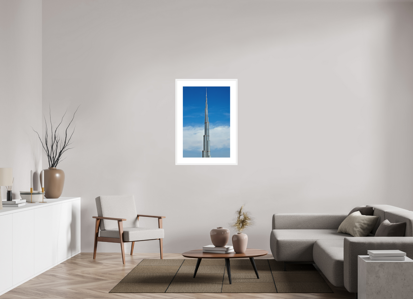 24 x 36″, Solid 0.8" White Wood Frame With 3" Natural White Passe-Partout with Museum Glass Burj Khalifa Tower, Dubai