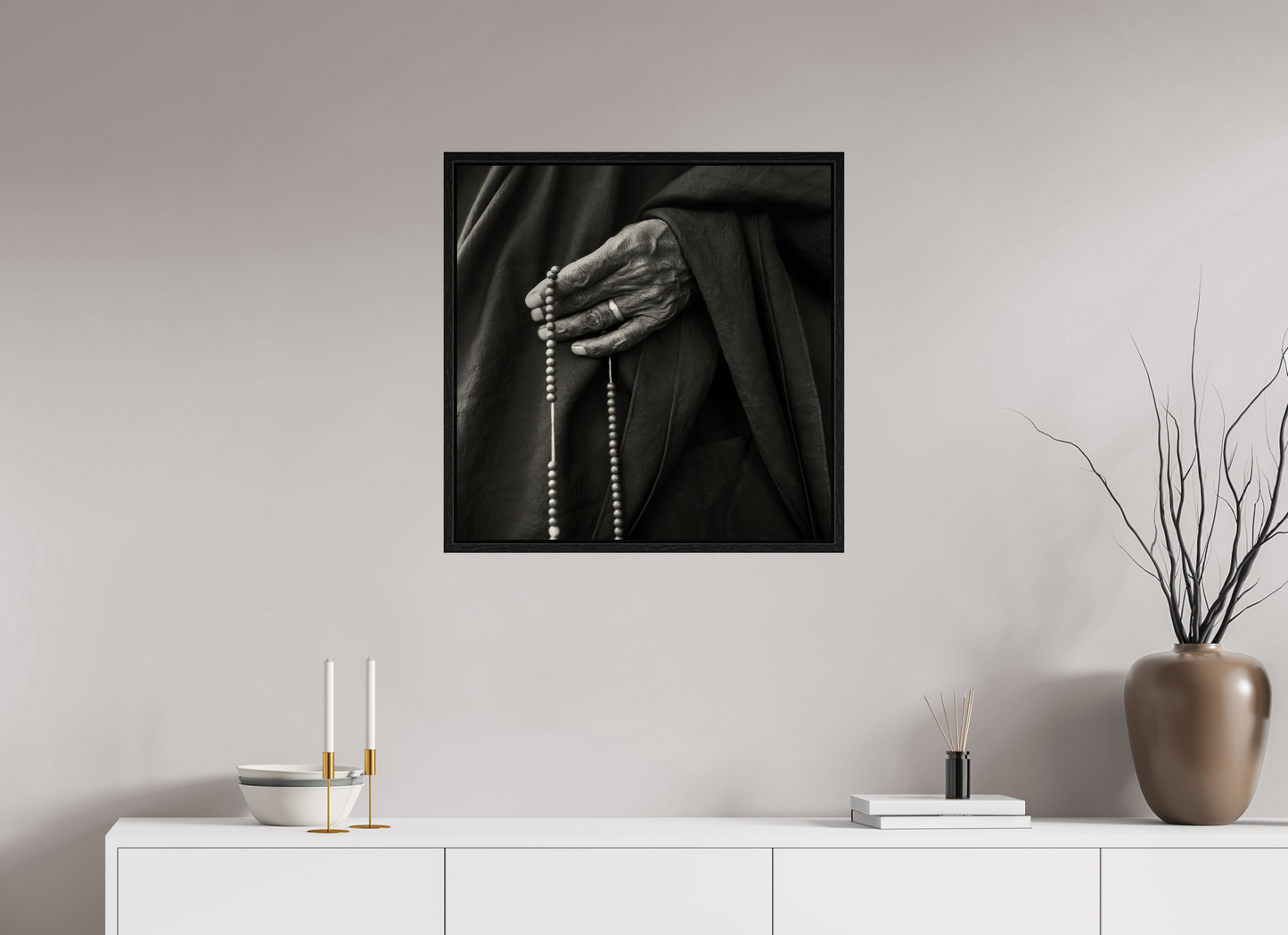 25 x 25″, Floater Frame Tibetan Monk Hand with Prayer Beads