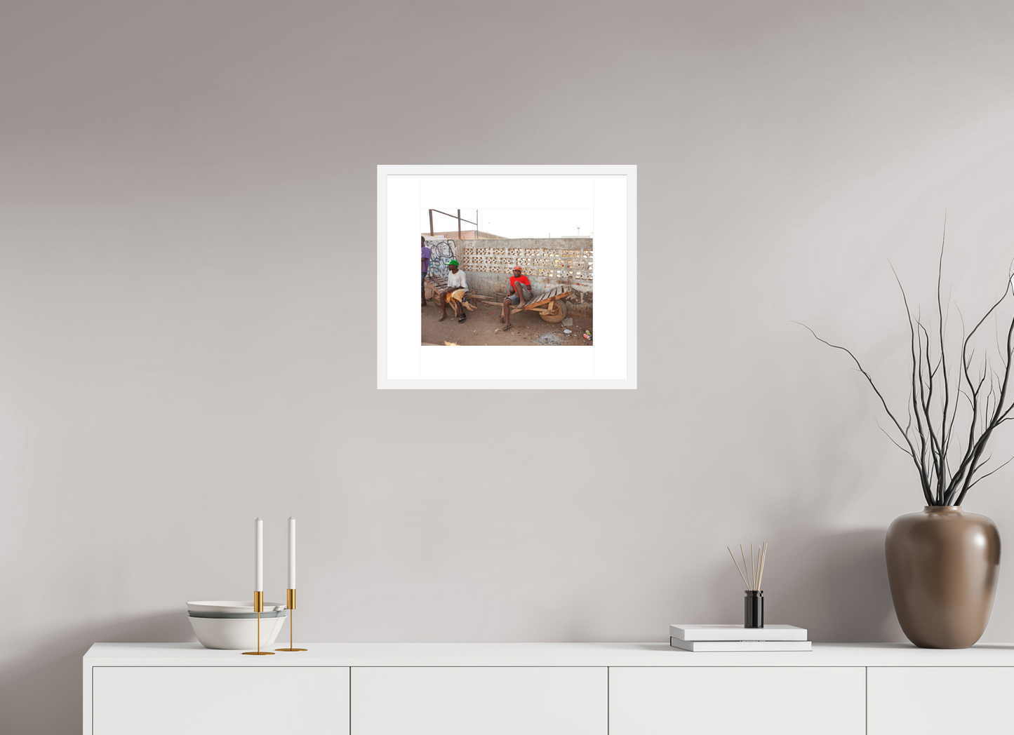 15 x 12″, Solid 0.8" White Wood Frame With 3" Natural White Passe-Partout with Museum Glass Worker in Red Shirt, Angola