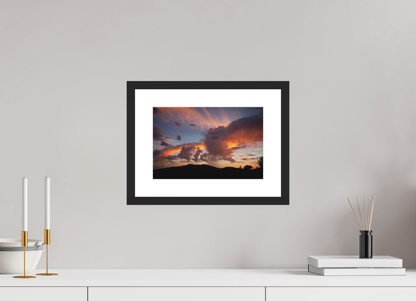 12 x 8″, Solid 0.8" Black Wood Frame With 2" Natural White Passe-Partout with Museum Glass Sunset with Clouds