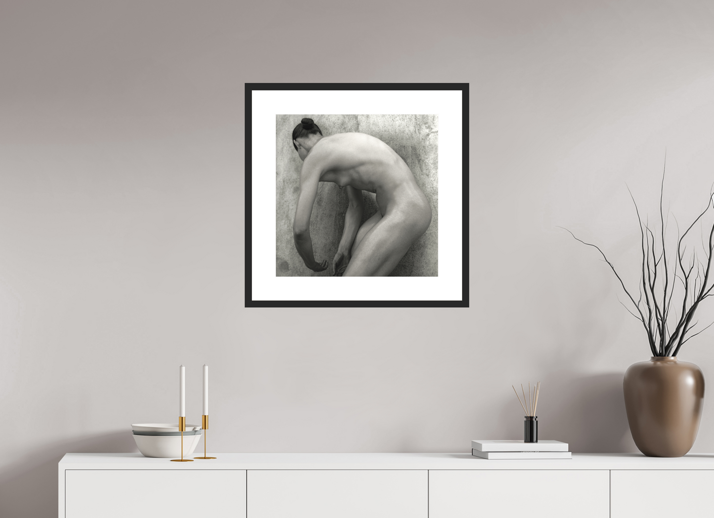 20 x 20″, Solid 0.8" Black Wood Frame With 3" Natural White Passe-Partout with Museum Glass Nude No. 60 - square