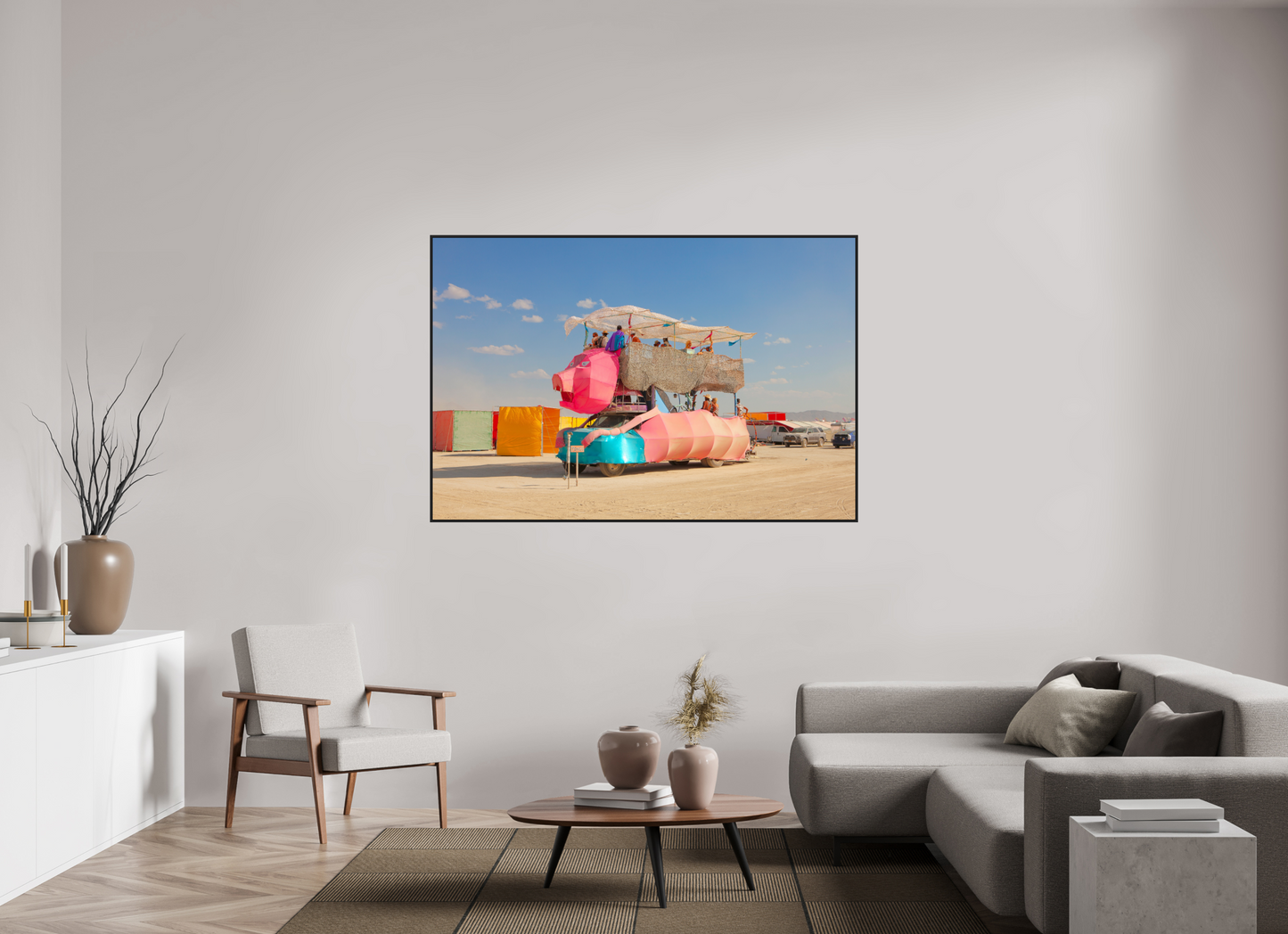 66 x 44″, Black Matte Frame, No Border Burning Man - Art Car Ponco