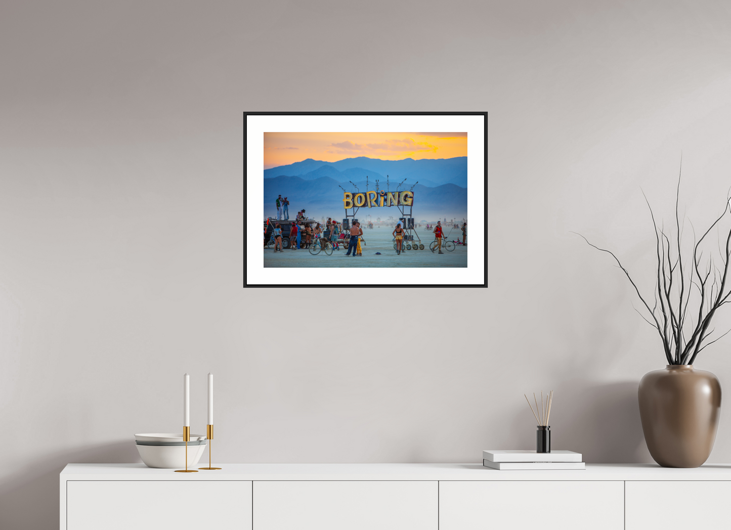 24 x 16″, Black Matte Frame Burning Man - Boring Sign