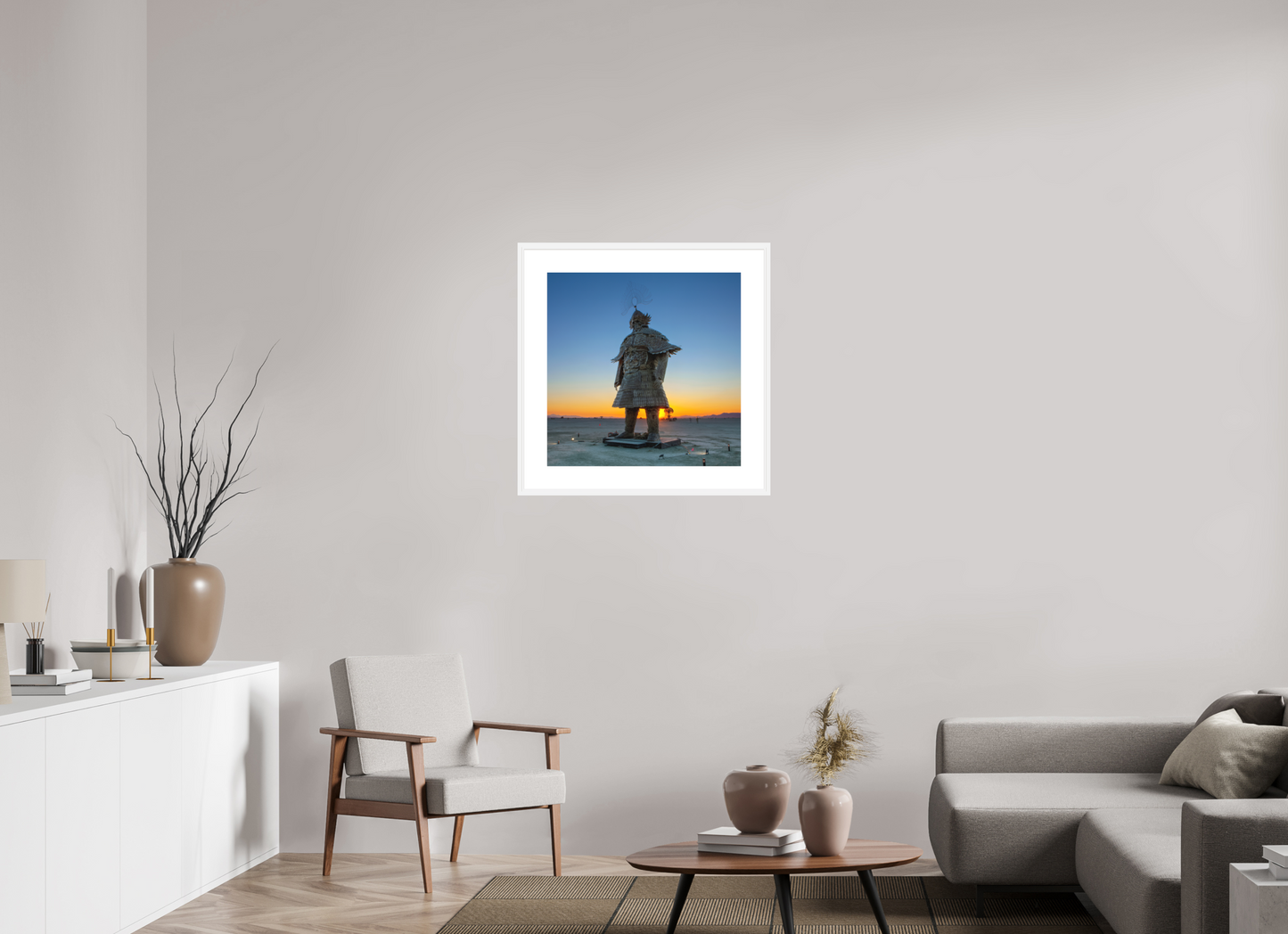 25 x 25″, Solid 0.8" White Wood Frame With 3" Natural White Passe-Partout with Museum Glass Burning Man - The Samurai at Dawn (square format)