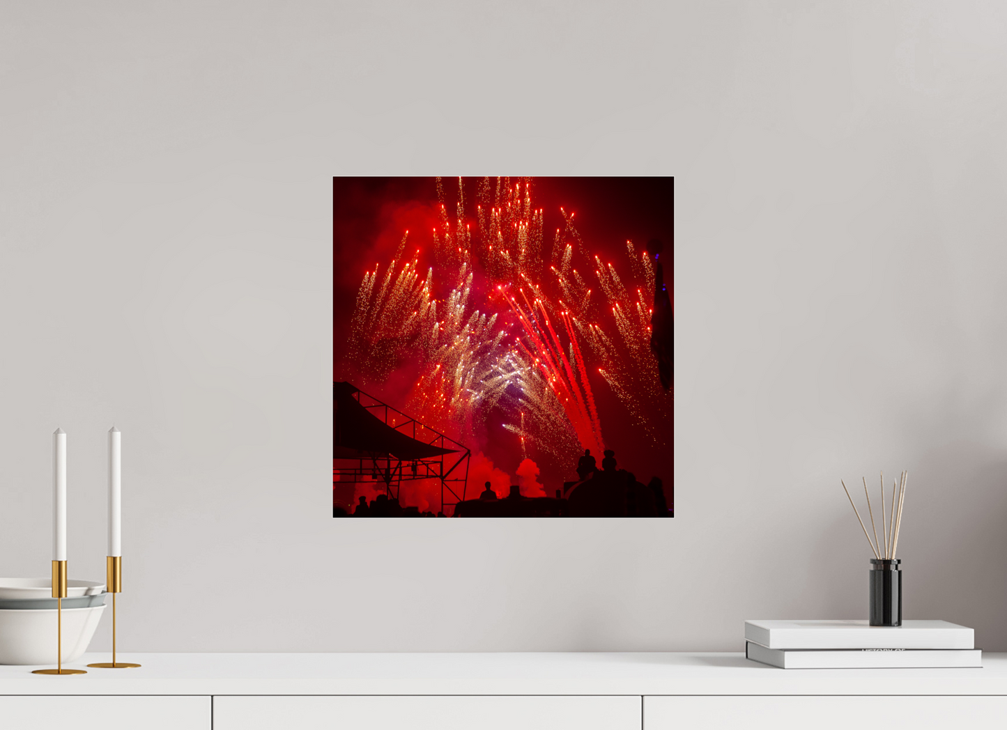 15 x 15″, Frameless Acrylic Glass Burning Man - Red Fireworks
