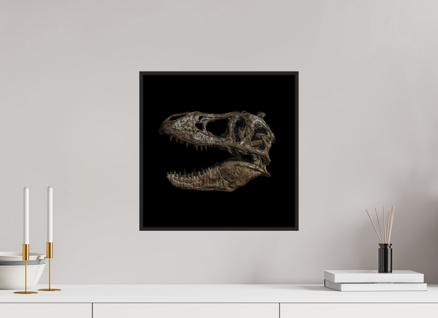 15 x 15″, Black Matte Frame, No Border T-Rex Skull