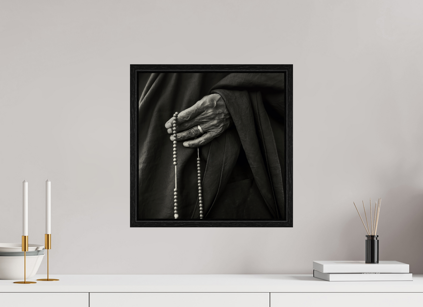 15 x 15″, Floater Frame Tibetan Monk Hand with Prayer Beads