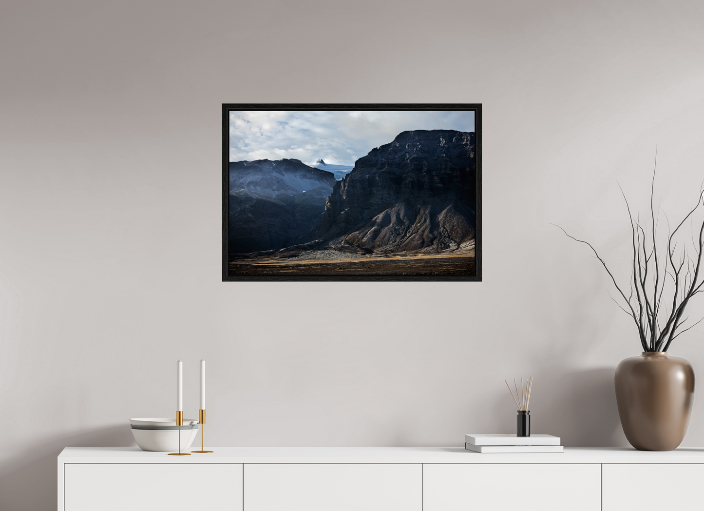 30 x 20″, Floater Frame Iceland Black Mountains