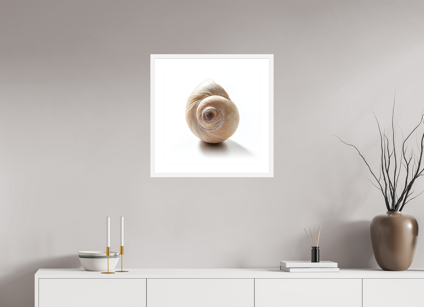 20 x 20″, Solid 0.8" White Wood Frame With 2" Natural White Passe-Partout with Museum Glass Large Sea Shell