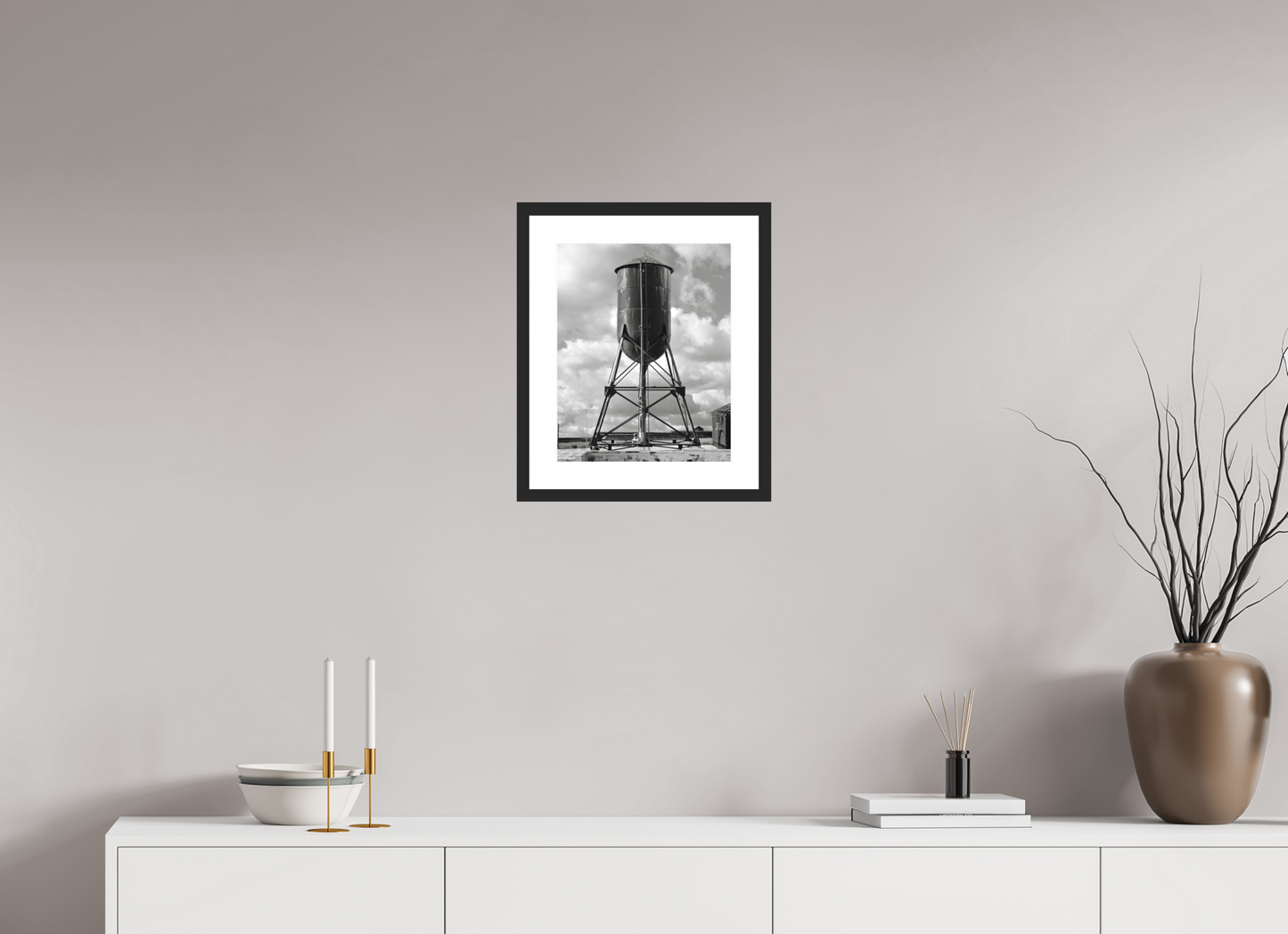 12 x 15″, Solid 0.8" Black Wood Frame With 2" Natural White Passe-Partout with Museum Glass Black Water Tower