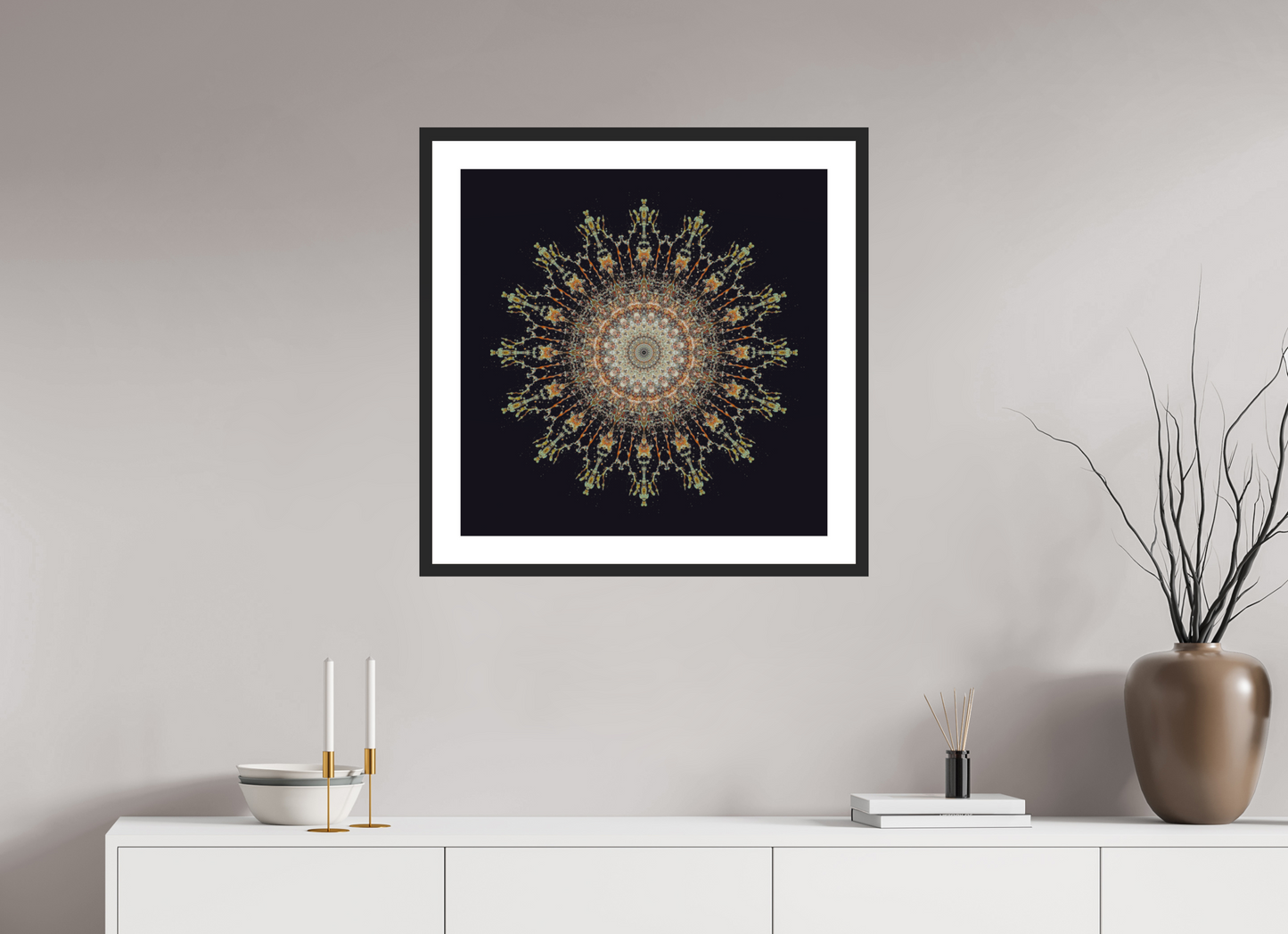 25 x 25″, Solid 0.8" Black Wood Frame With 2" Natural White Passe-Partout with Museum Glass Water Mandala No. 4092