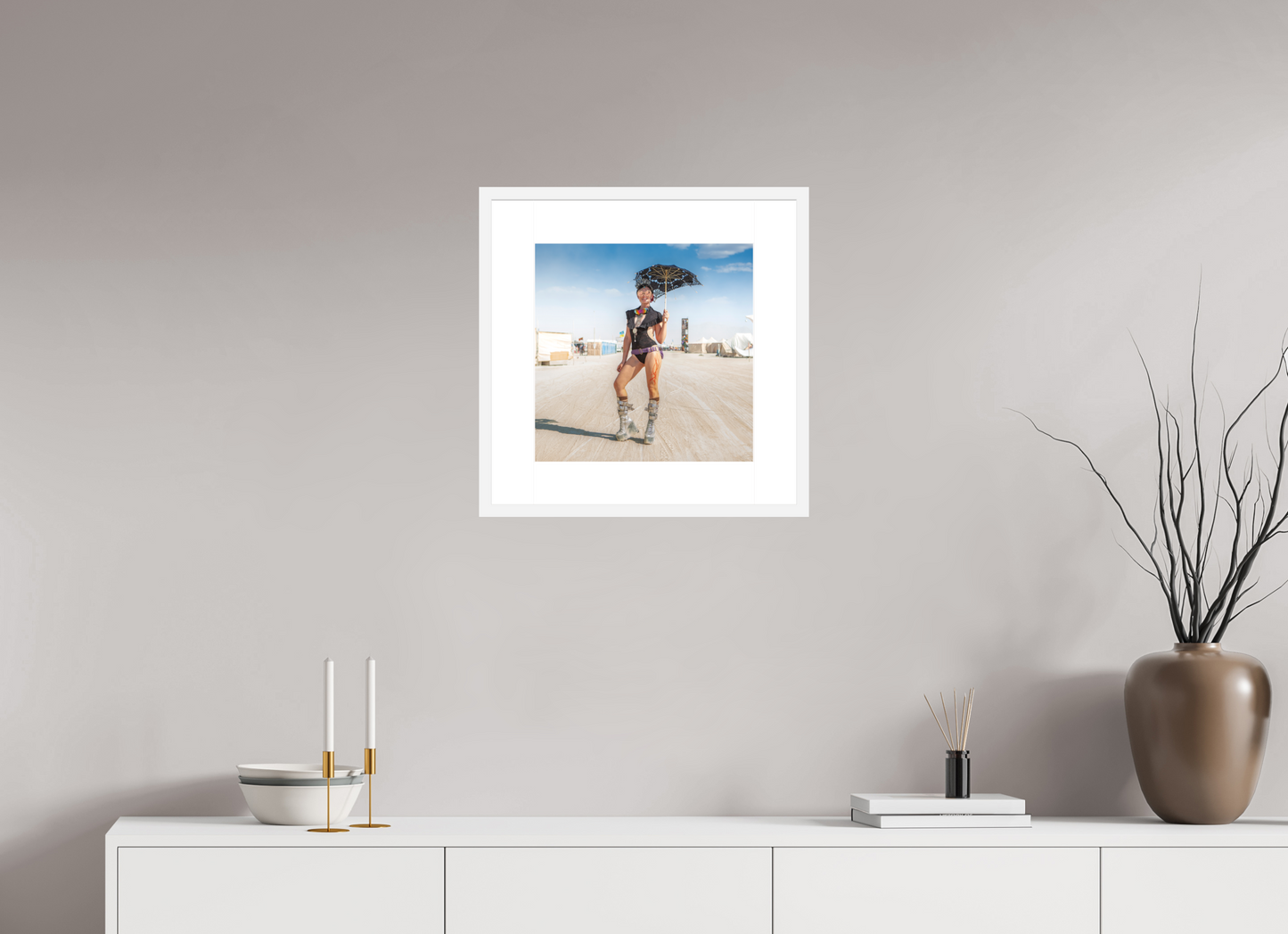 15 x 15″, Solid 0.8" White Wood Frame With 3" Natural White Passe-Partout with Museum Glass Burning Man - Attendee with Parasol