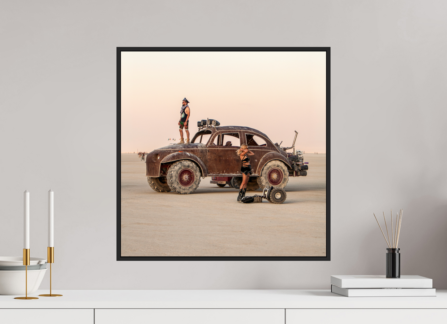 20 x 20″, Black Matte Frame, No Border Burning Man - Art Car Large VW