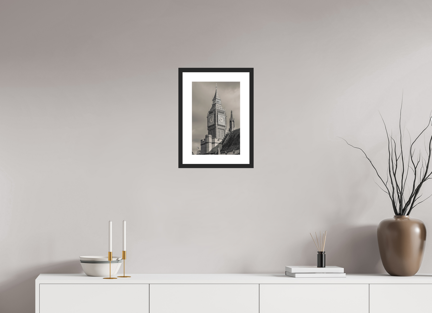 10 x 15″, Solid 0.8" Black Wood Frame With 2" Natural White Passe-Partout with Museum Glass Big Ben
