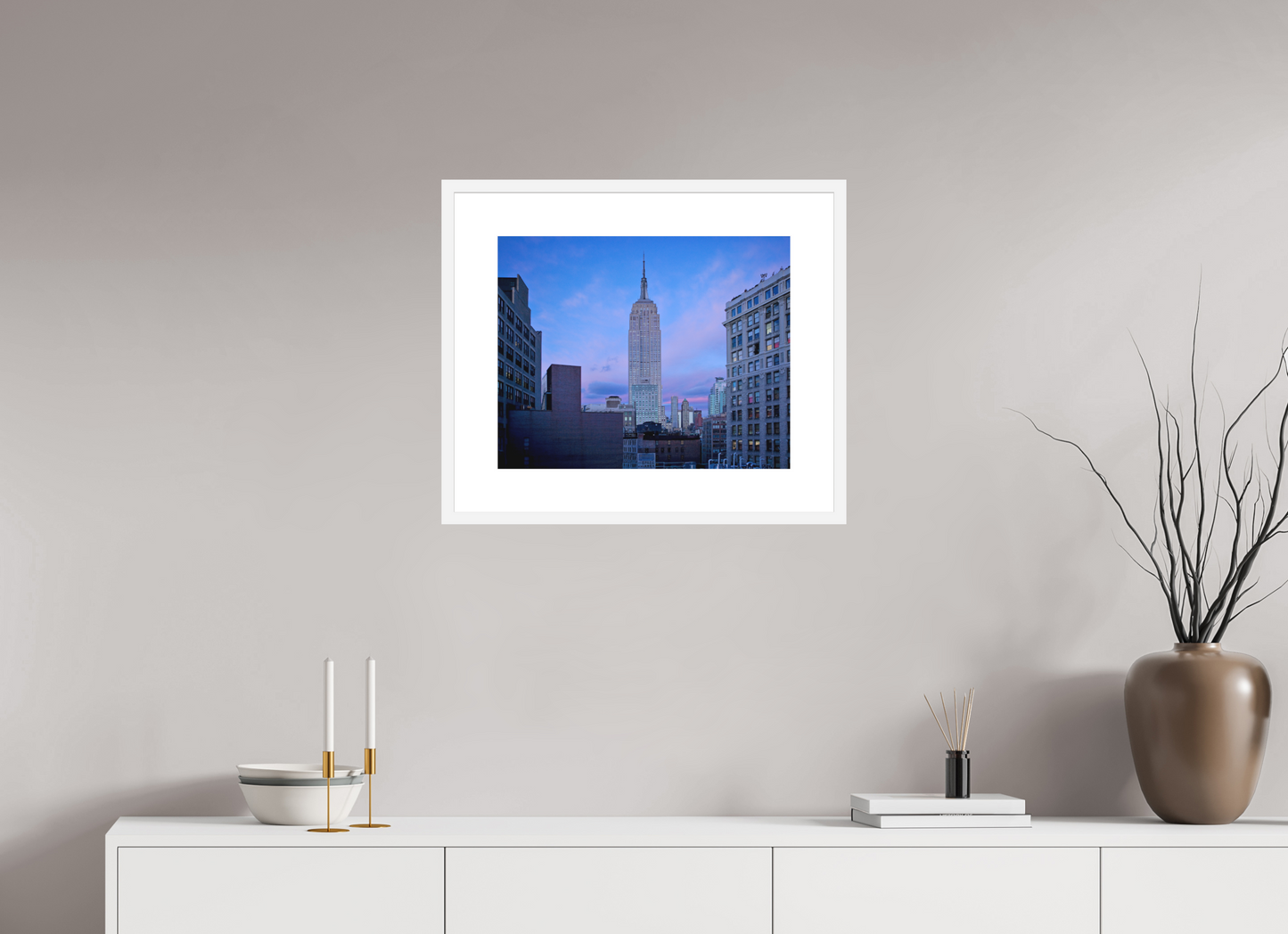 20 x 16″, Solid 0.8" White Wood Frame With 3" Natural White Passe-Partout with Museum Glass The Empire State Building at Dusk