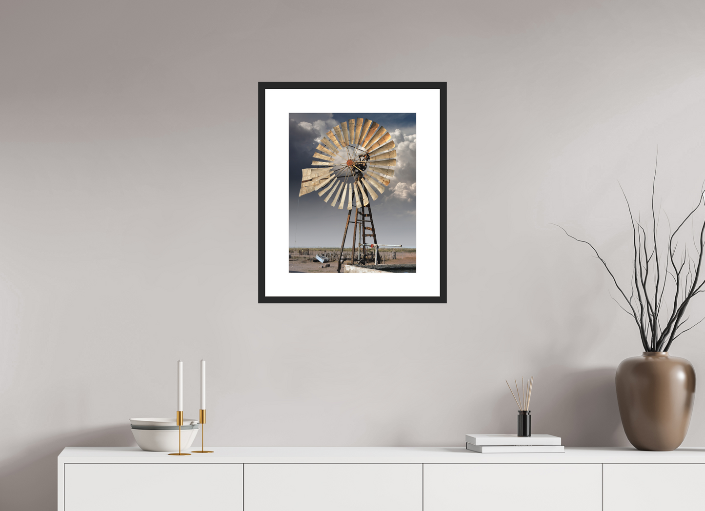 16 x 20″, Solid 0.8" Black Wood Frame With 3" Natural White Passe-Partout with Museum Glass Water Wheel