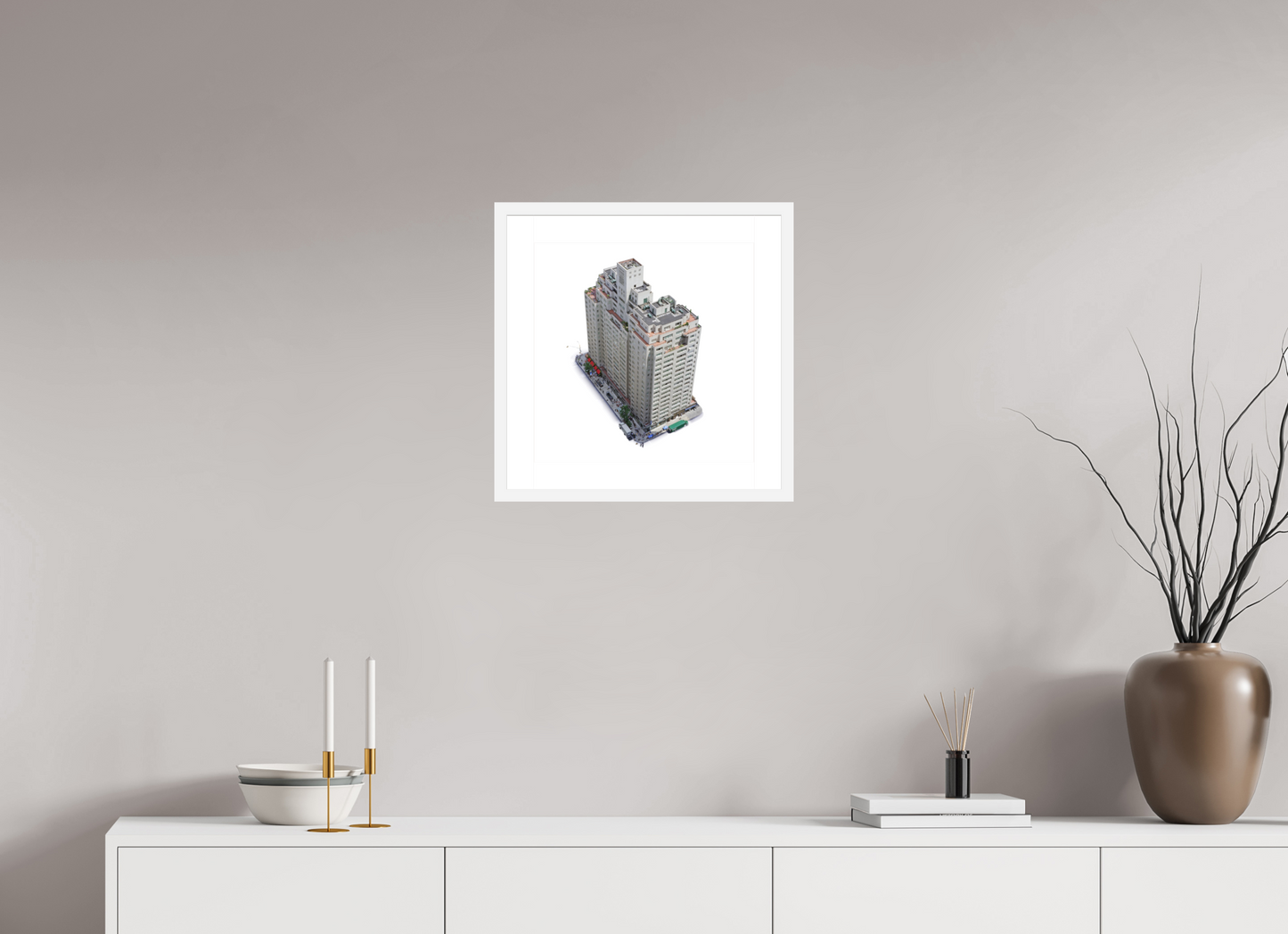 15 x 15″, Solid 0.8" White Wood Frame With 2" Natural White Passe-Partout with Museum Glass New York City Apartment  Building