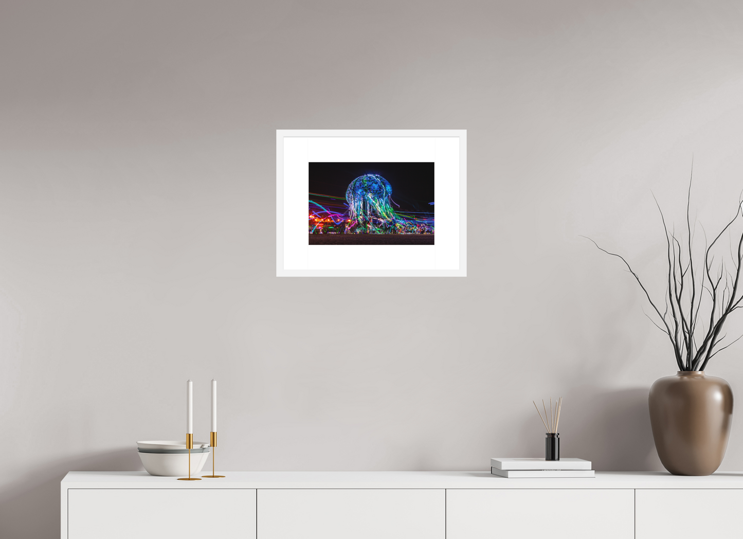15 x 10″, Solid 0.8" White Wood Frame With 3" Natural White Passe-Partout with Museum Glass Burning Man - Glass Jellyfish
