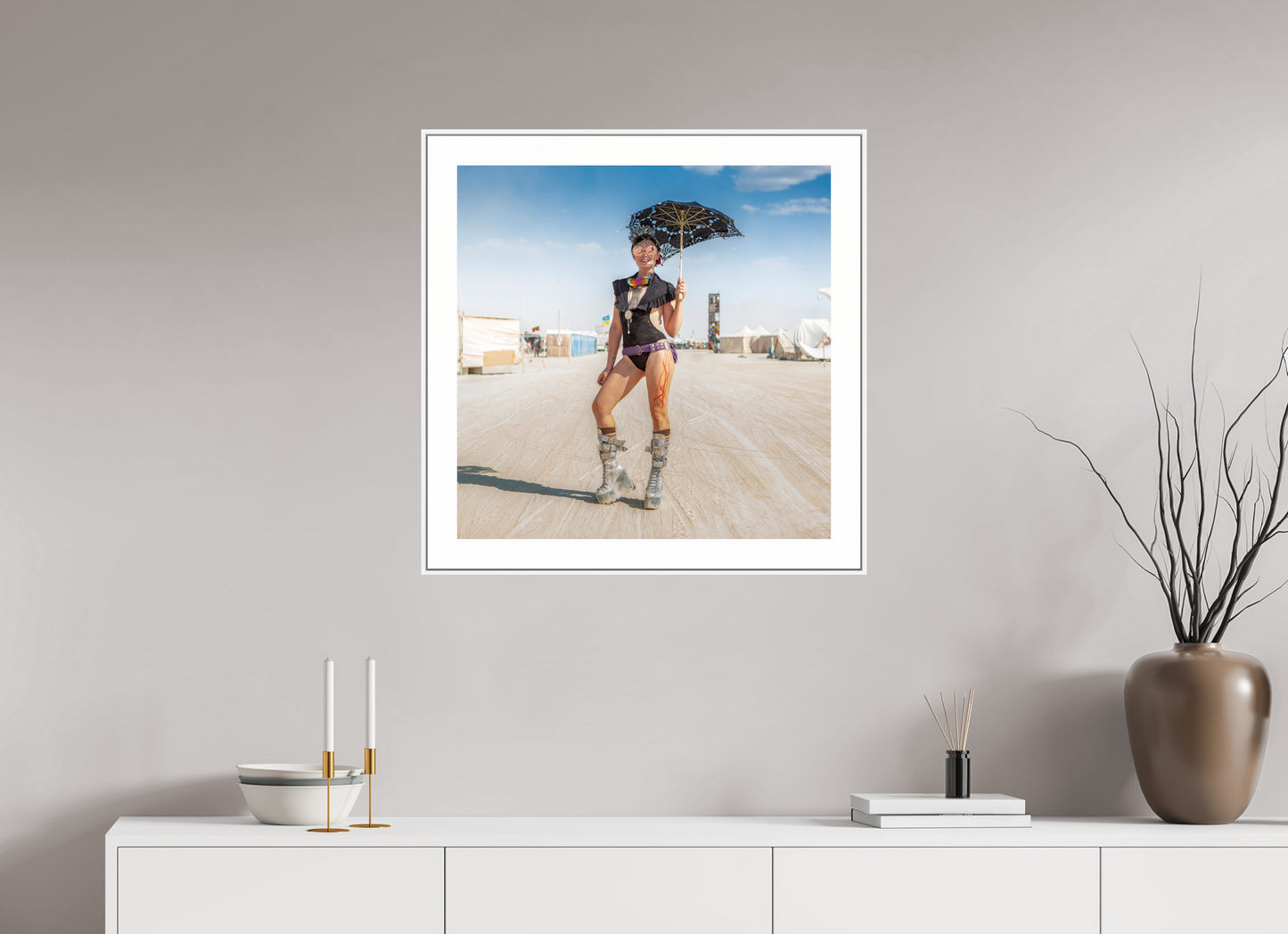 25 x 25″, White Matte Frame Burning Man - Attendee with Parasol