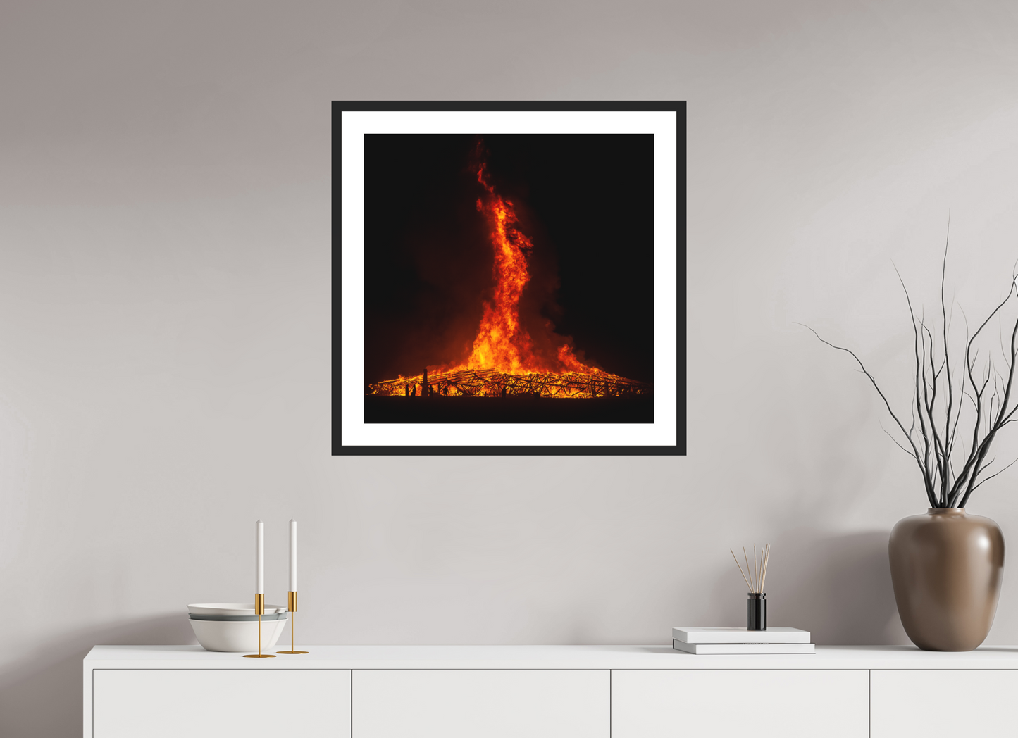 25 x 25″, Solid 0.8" Black Wood Frame With 2" Natural White Passe-Partout with Museum Glass Burning Man - Temple Burn 2