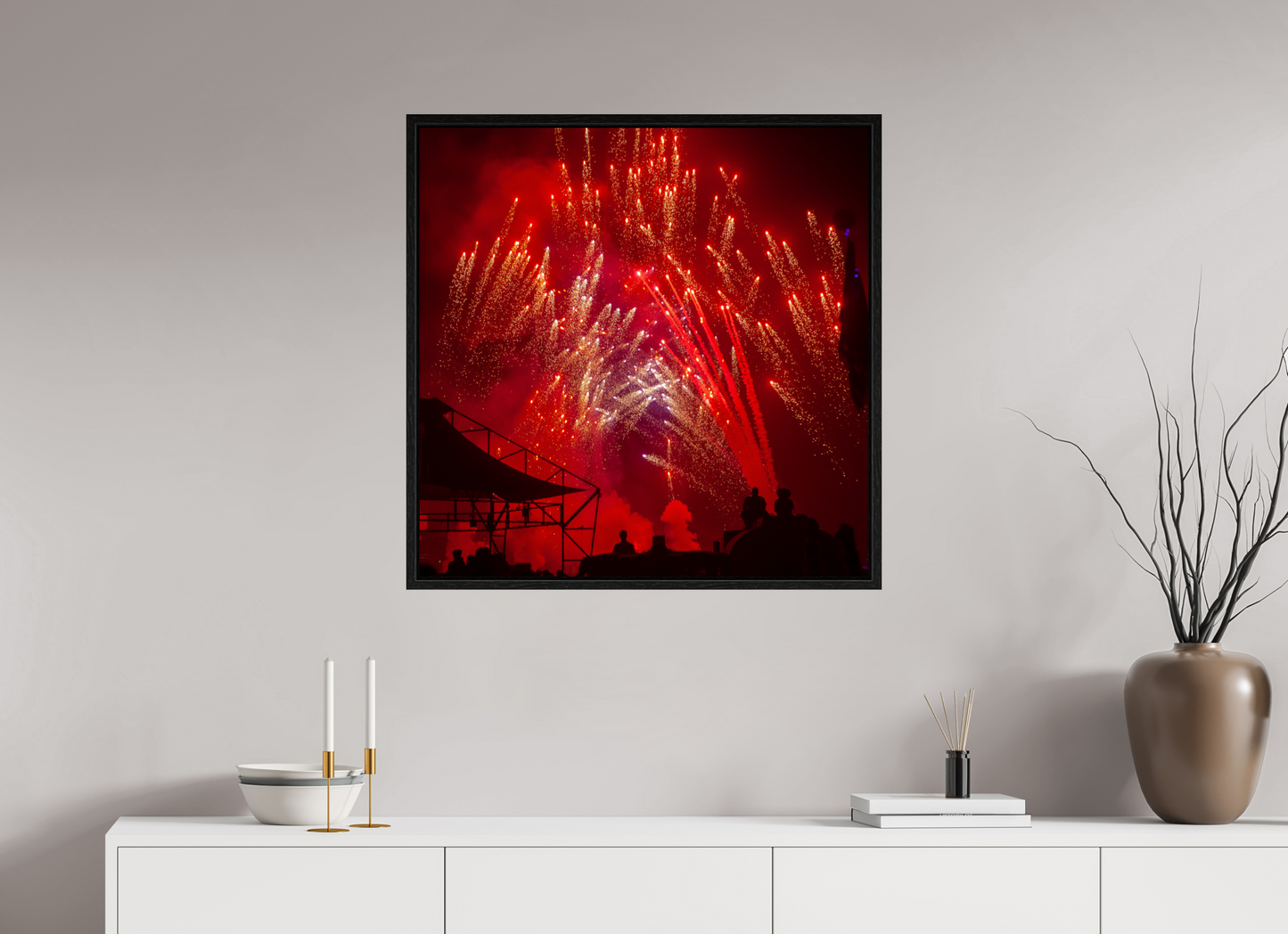 30 x 30″, Floater Frame Burning Man - Red Fireworks