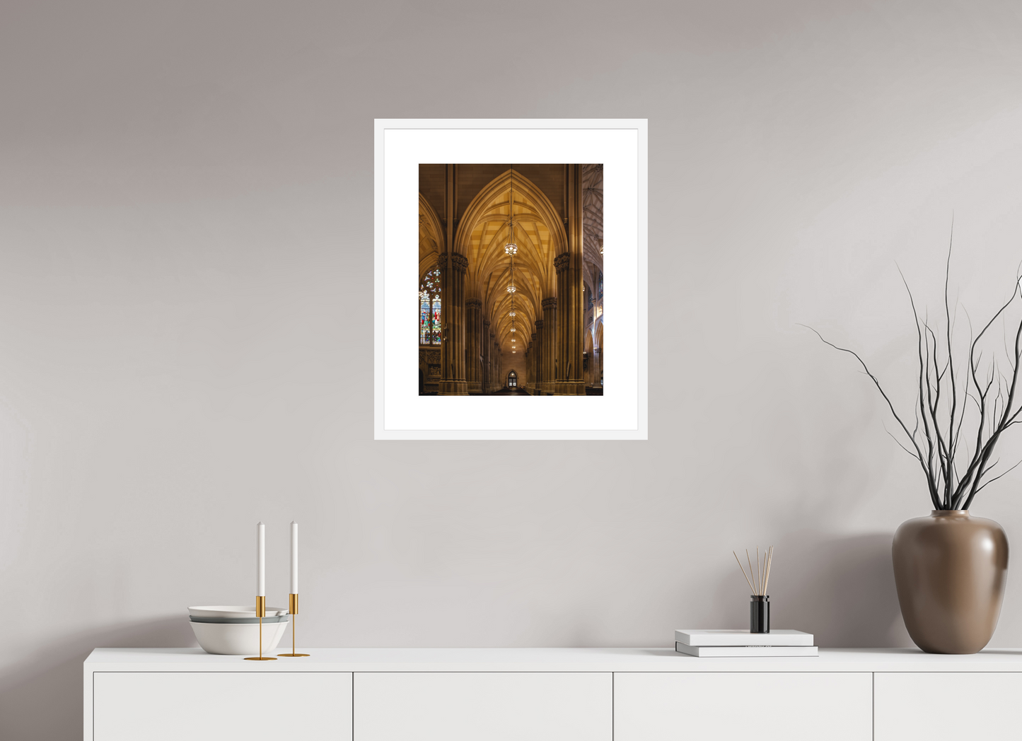 16 x 20″, Solid 0.8" White Wood Frame With 3" Natural White Passe-Partout with Museum Glass Gothic Archway, St. Patrick's Cathedral