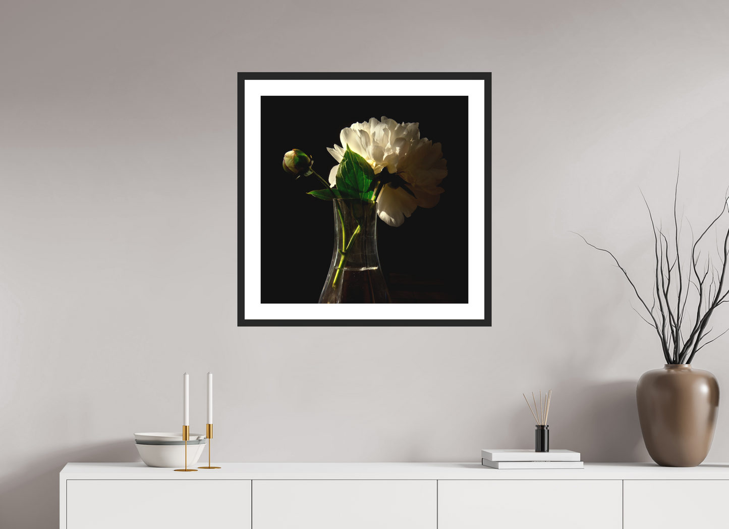 25 x 25″, Solid 0.8" Black Wood Frame With 2" Natural White Passe-Partout with Museum Glass Flowers in Vase