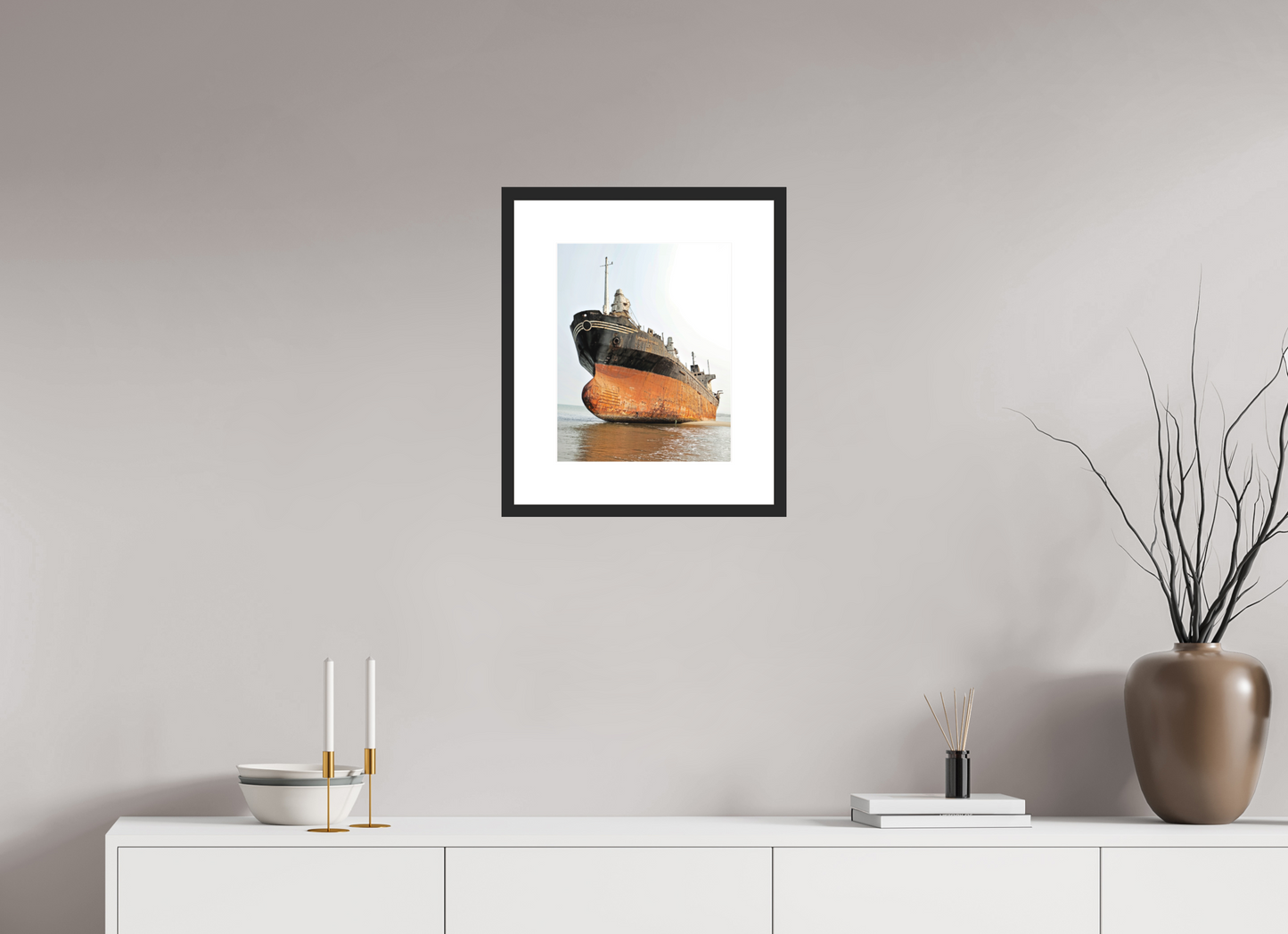 12 x 15″, Solid 0.8" Black Wood Frame With 3" Natural White Passe-Partout with Museum Glass Beached Ship Angola