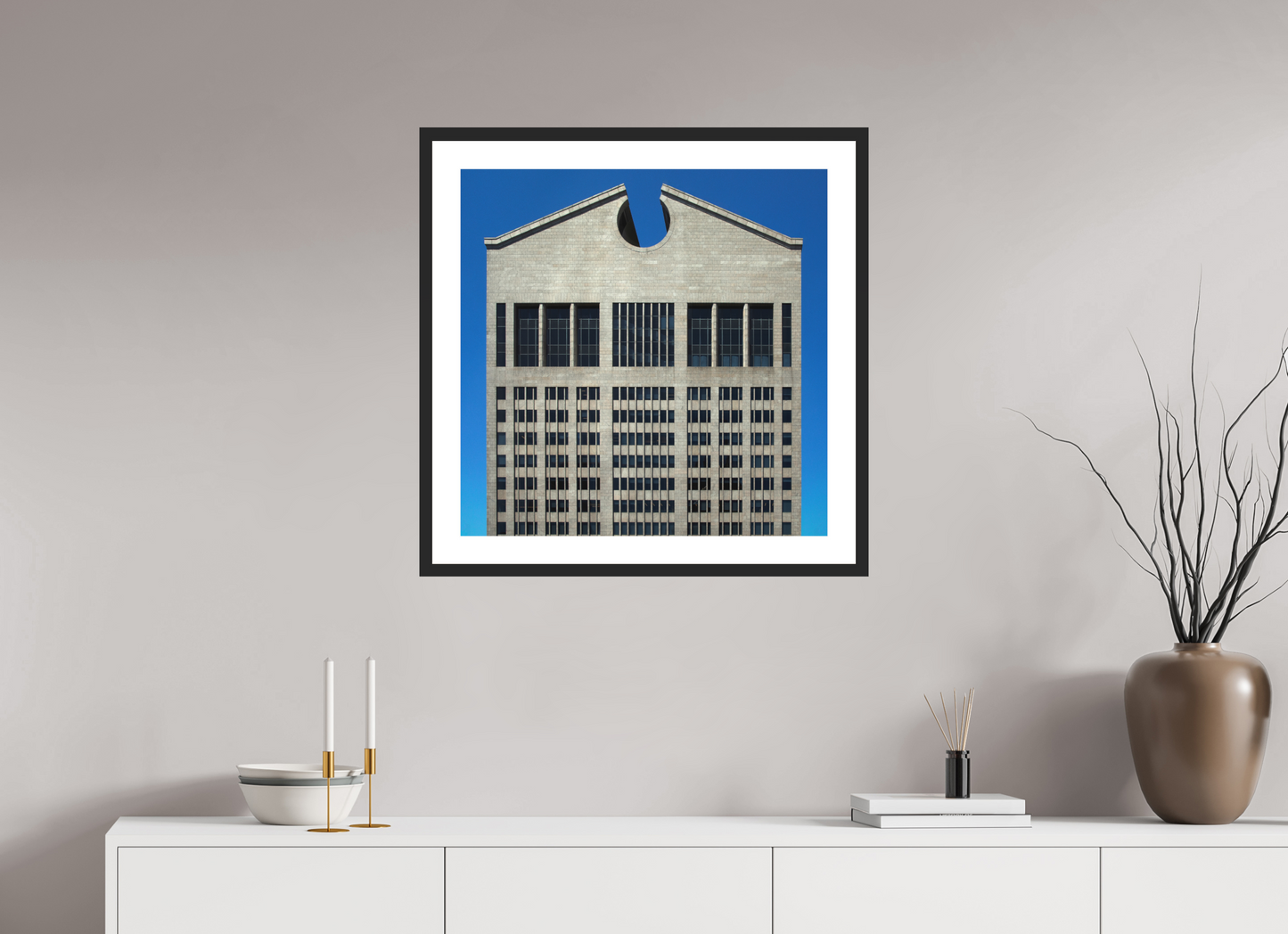 25 x 25″, Solid 0.8" Black Wood Frame With 2" Natural White Passe-Partout with Museum Glass The Chippendale Building
