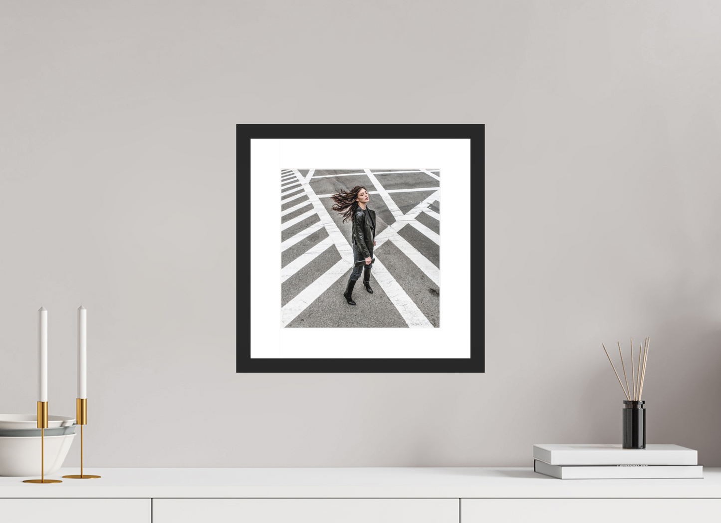 10 x 10″, Solid 0.8" Black Wood Frame With 2" Natural White Passe-Partout with Museum Glass Woman at Crosswalk