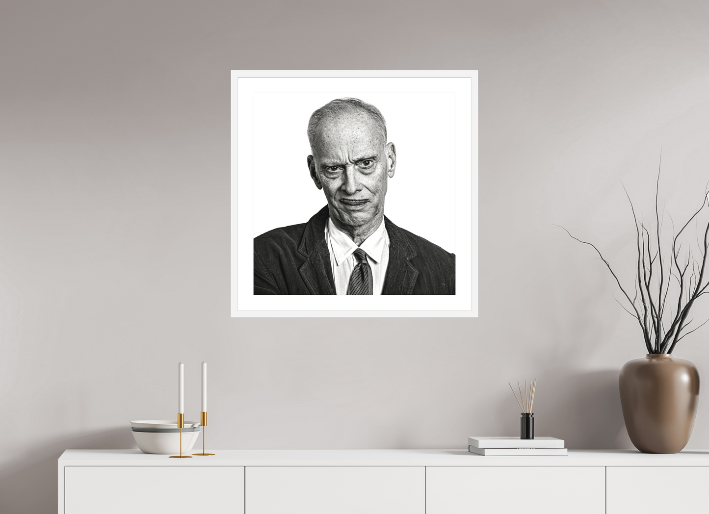 25 x 25″, Solid 0.8" White Wood Frame With 2" Natural White Passe-Partout with Museum Glass Director John Waters Grimacing (square format)
