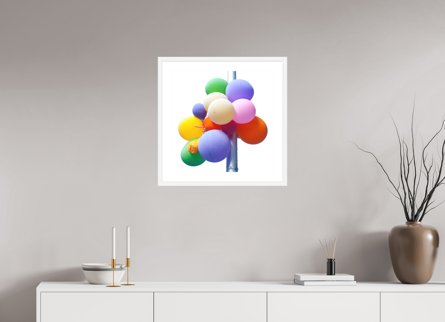 20 x 20″, Solid 0.8" White Wood Frame With 2" Natural White Passe-Partout with Museum Glass Colorful Ballons Tied to a Lamp Post